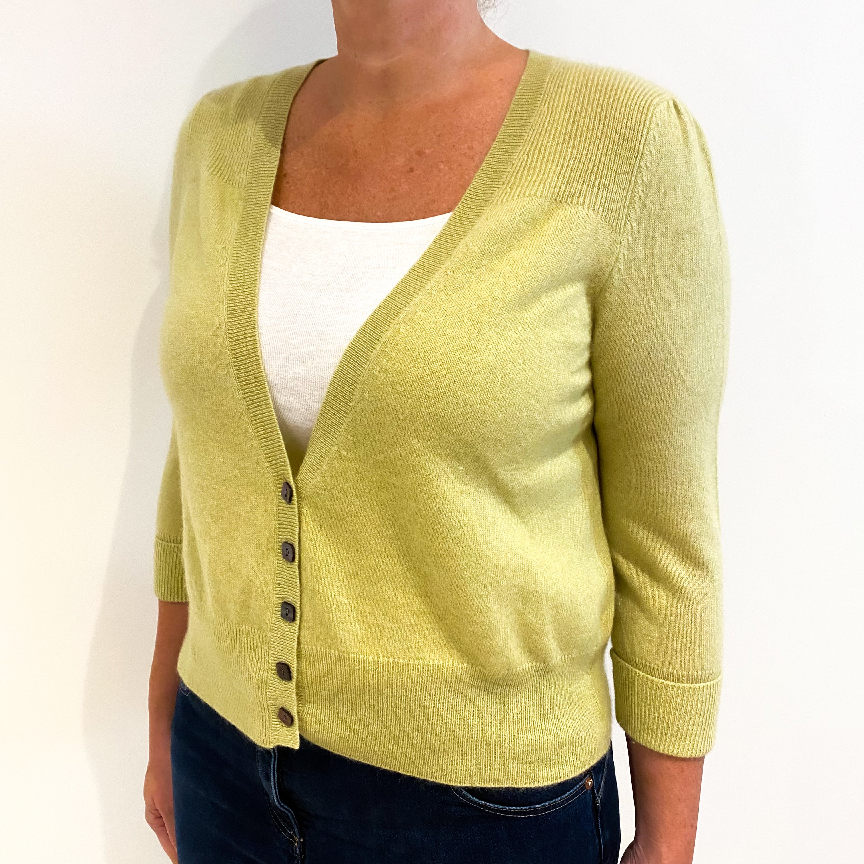 Lime Green Cashmere Deep V-Neck Cardigan Large