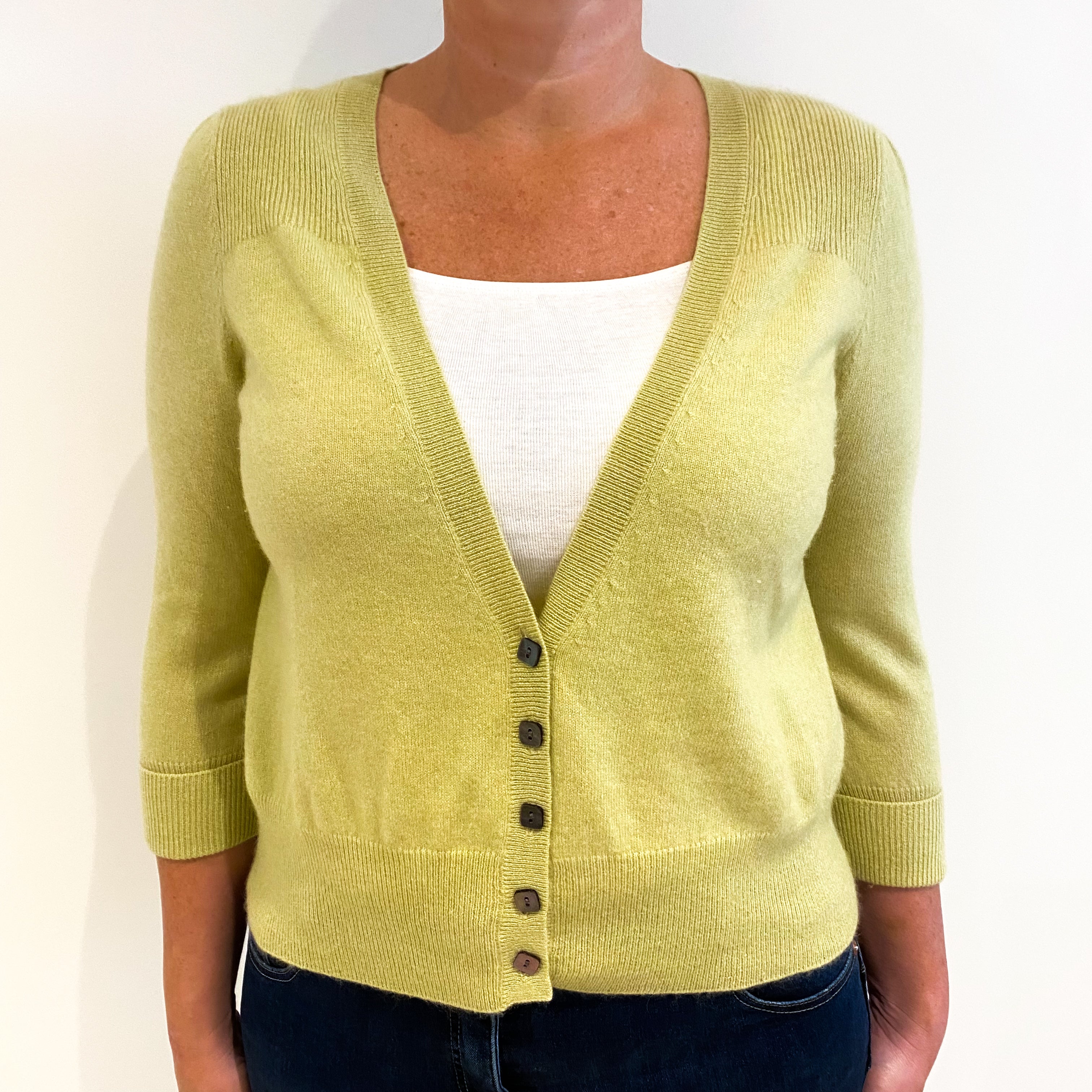 Lime Green Cashmere Deep V-Neck Cardigan Large