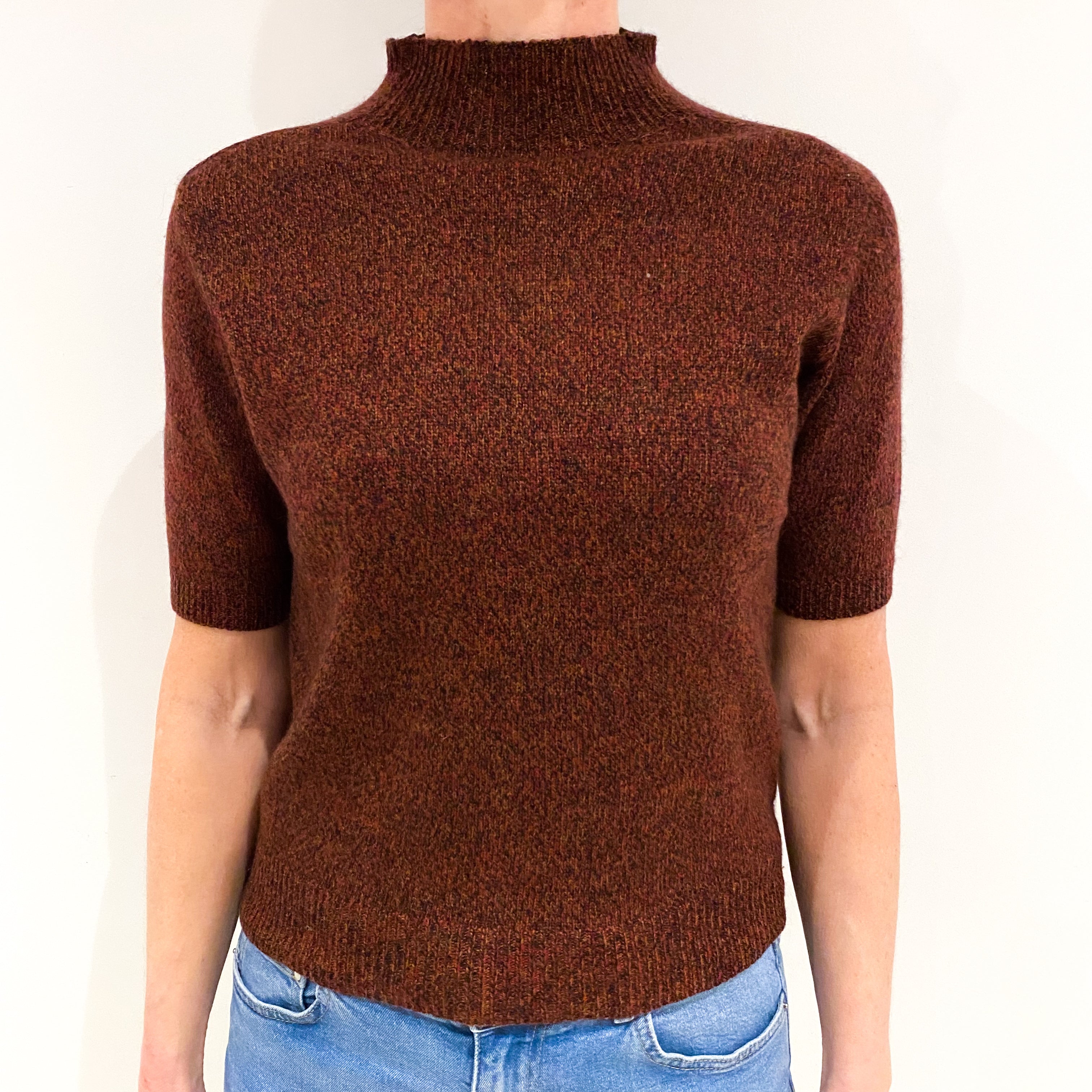 Wine Red Marl Short Sleeved Cashmere Turtle Neck Jumper Small