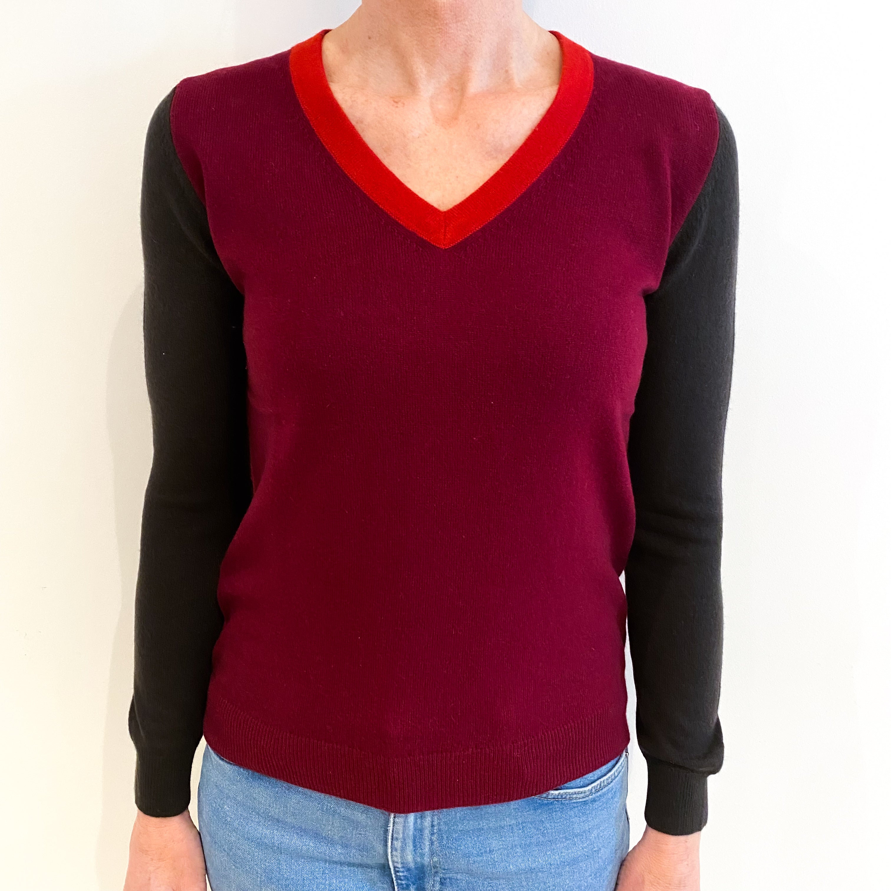 Burgundy Colour Block Cashmere V Neck Jumper Small