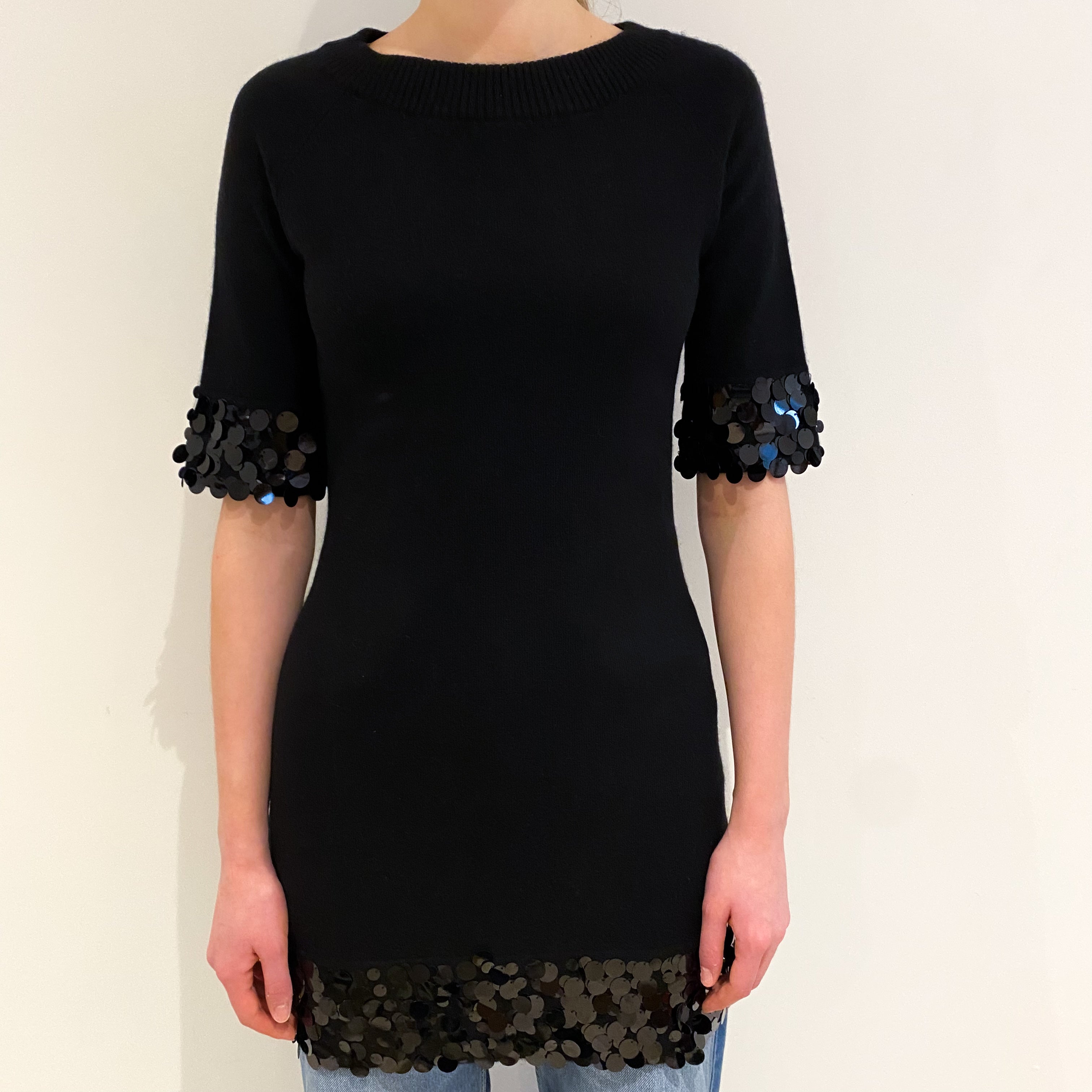 Black Sequinned Cashmere Crew Neck Dress Extra Small