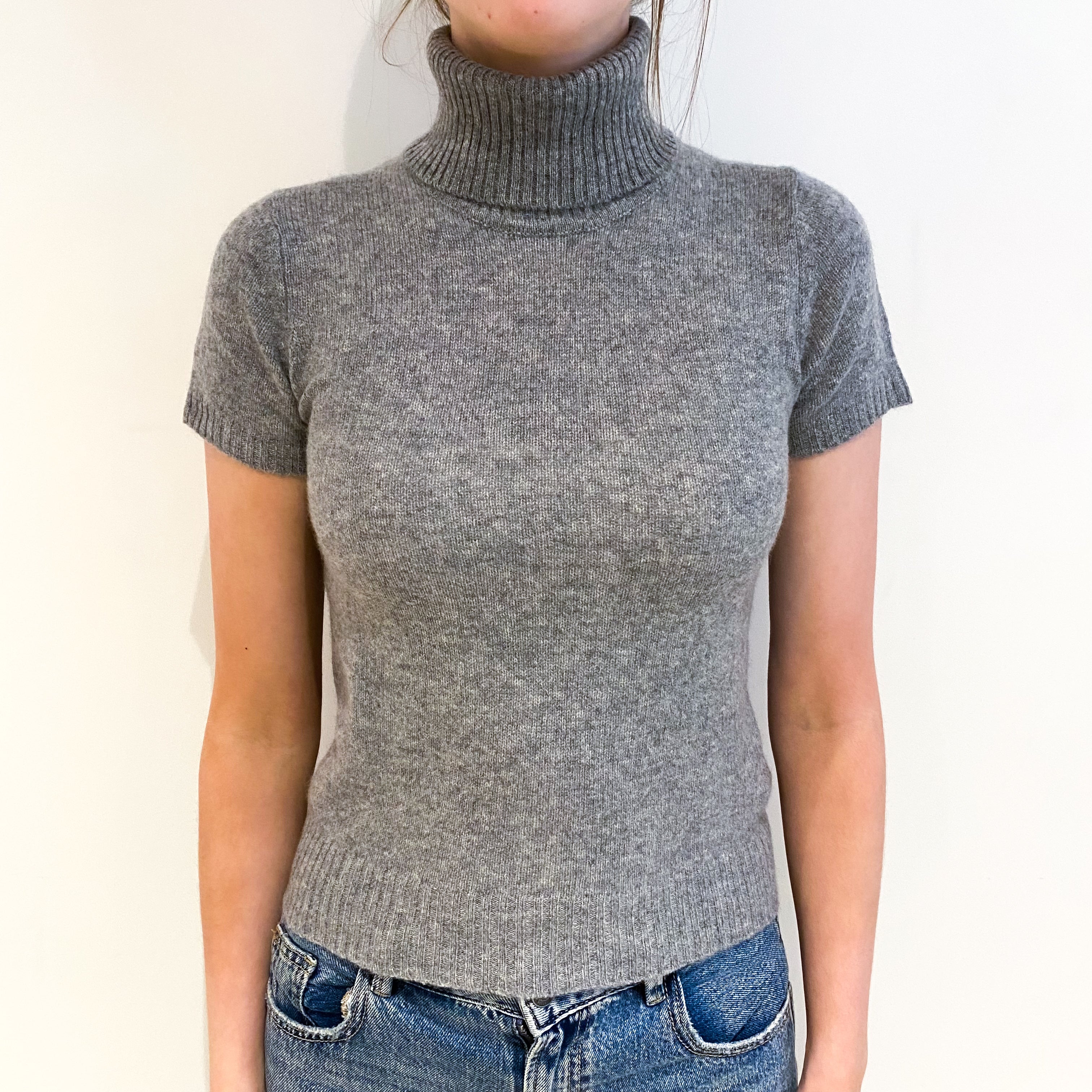 Smoke Grey Cashmere Polo Neck Short Sleeved Jumper Extra Small