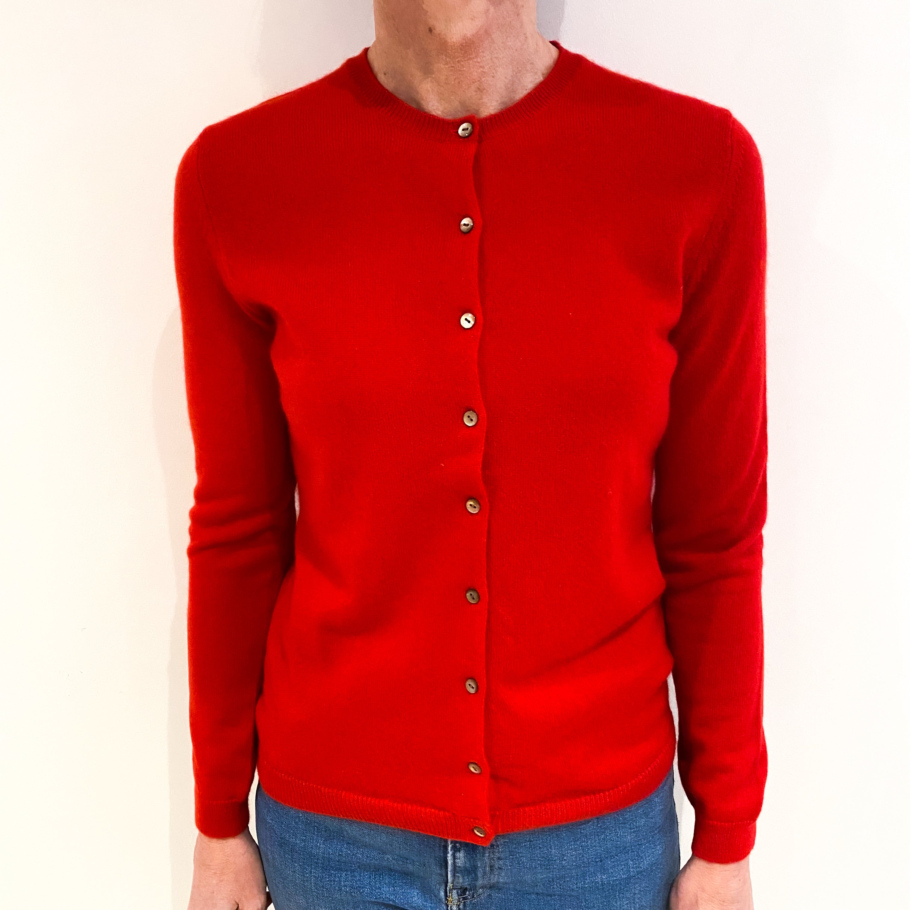 Vermillion Red Cashmere Crew Neck Cardigan Small