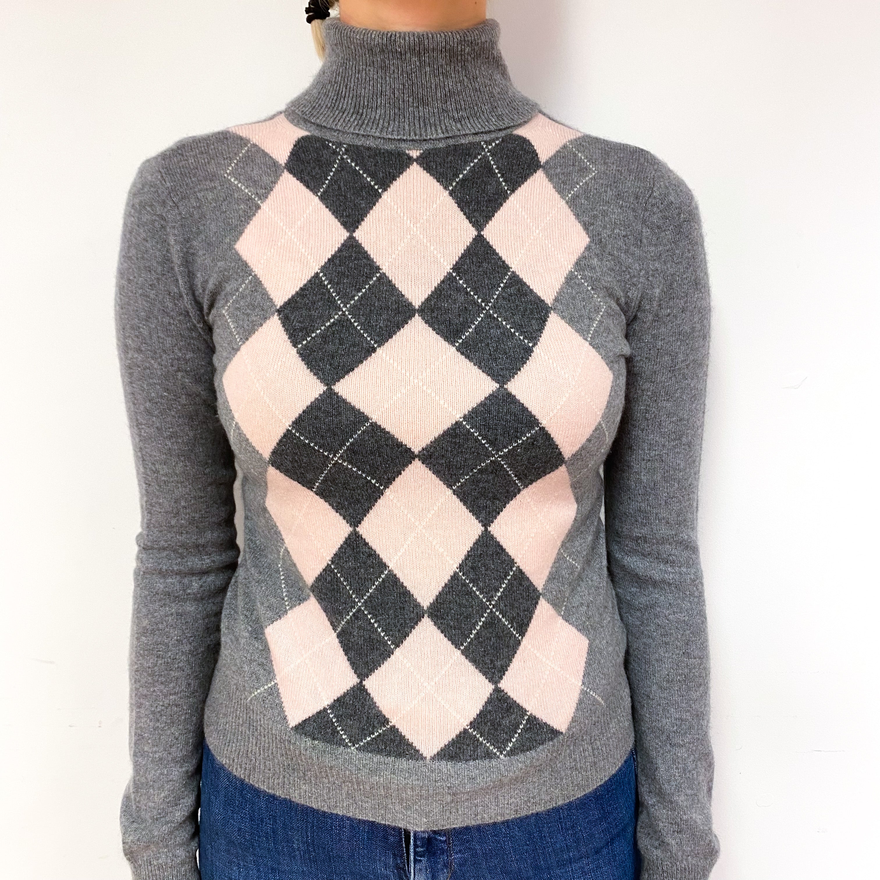 Steel Grey Pink Argyle Cashmere Polo Neck Jumper Small