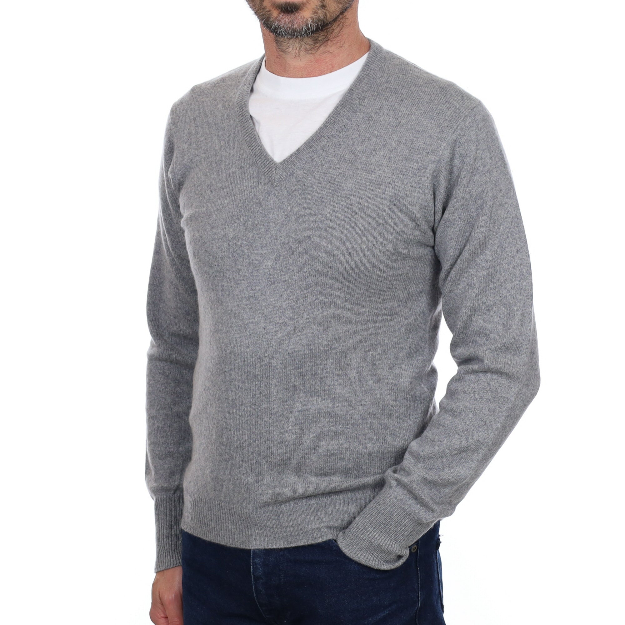 Men's Ash Grey Cashmere V Neck Jumper Small