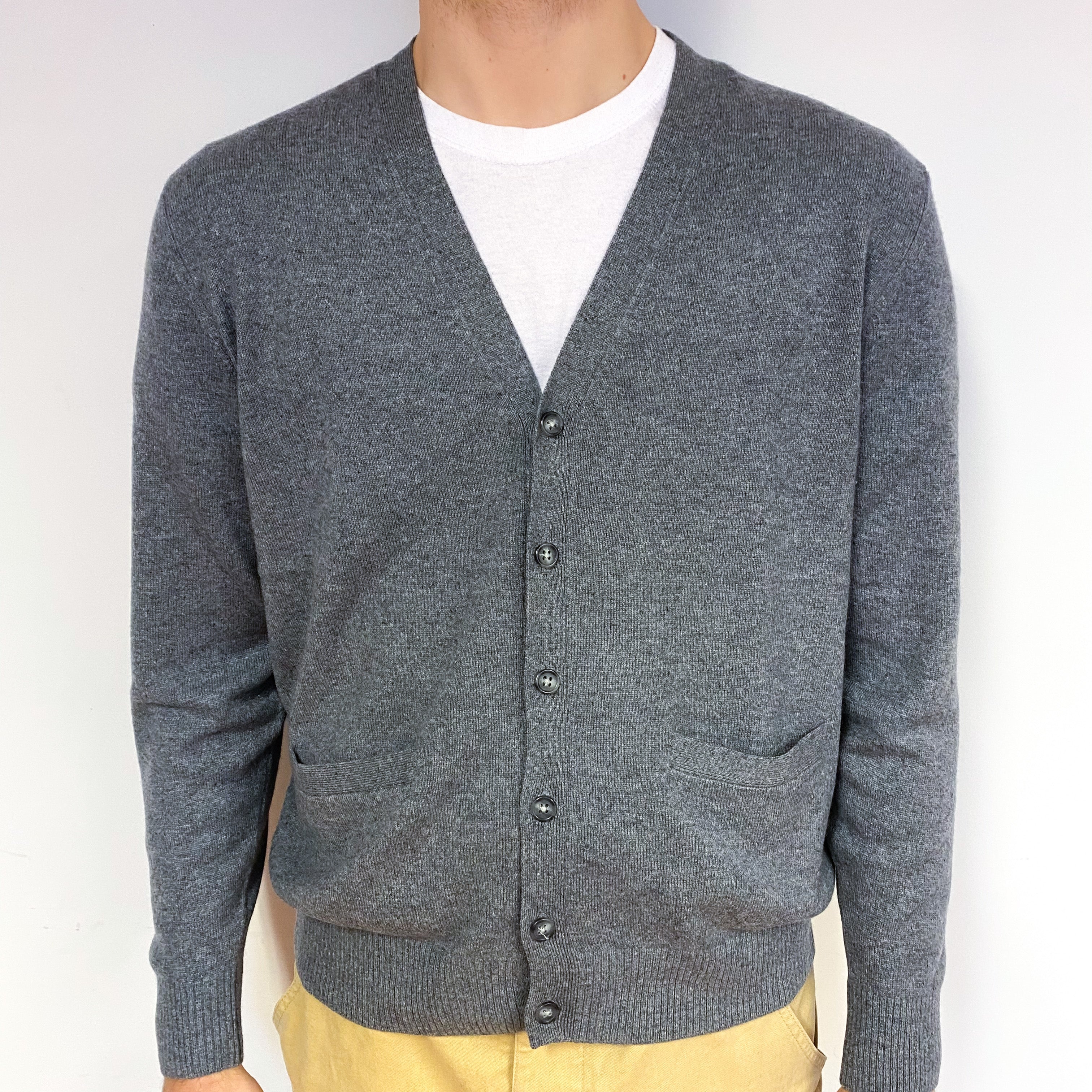 Men's Ash Grey Cashmere V-Neck Cardigan Large