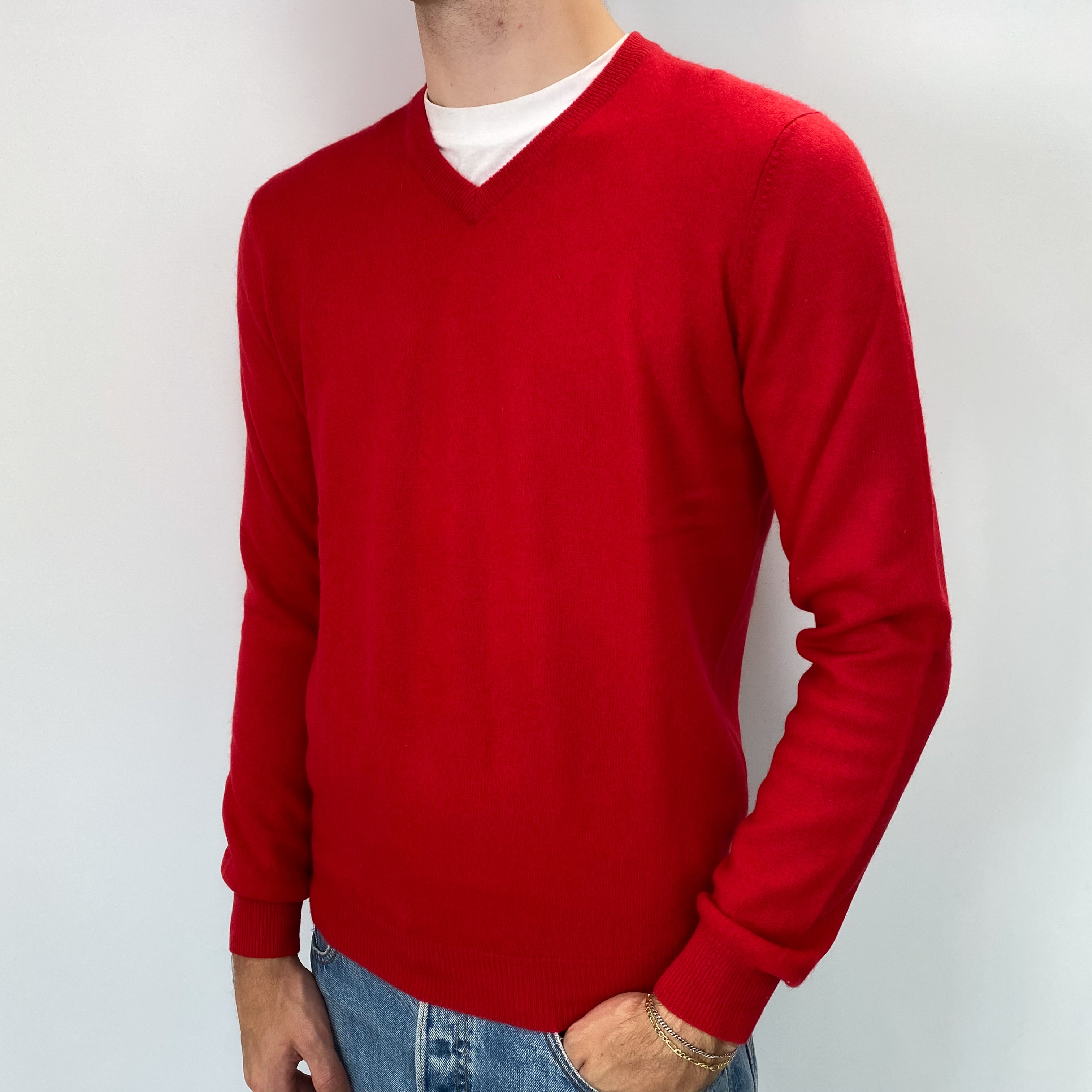 Men's Scarlet Red Cashmere V Neck Jumper Medium