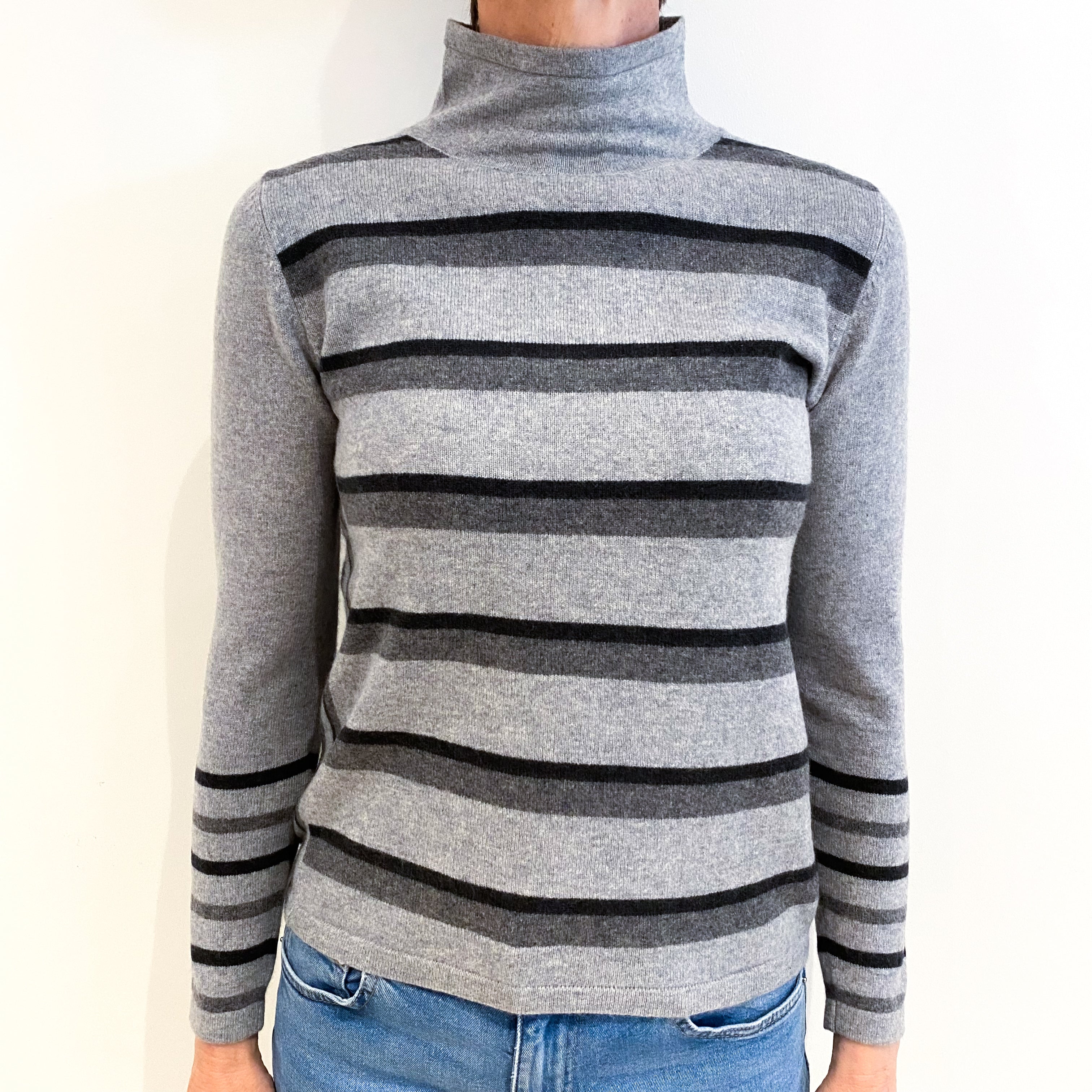 Grey Striped Cashmere Polo Neck Jumper Small