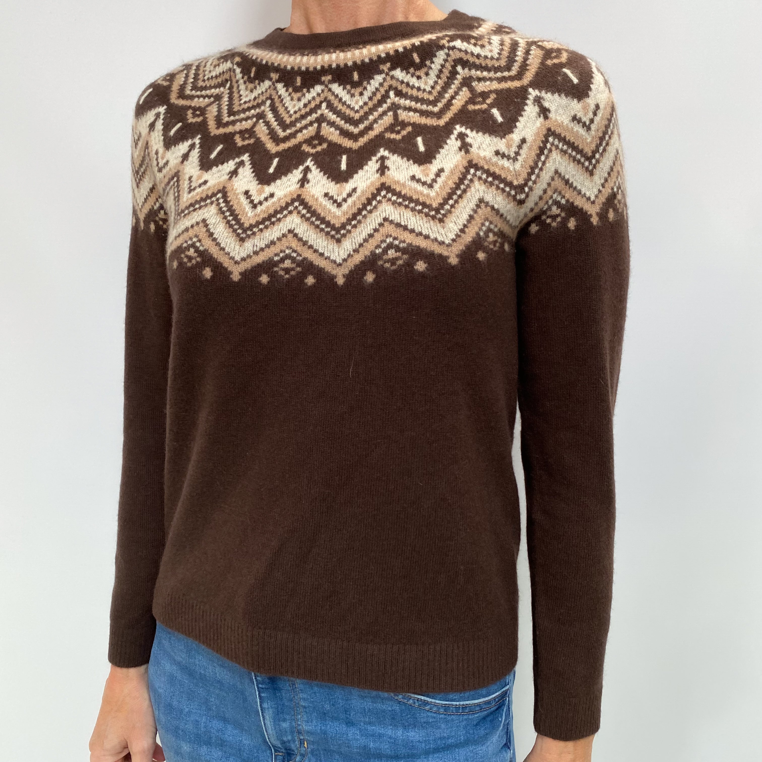 Brand New L.L Bean Dark Chocolate Fairisle Cashmere Crew Neck Jumper Small