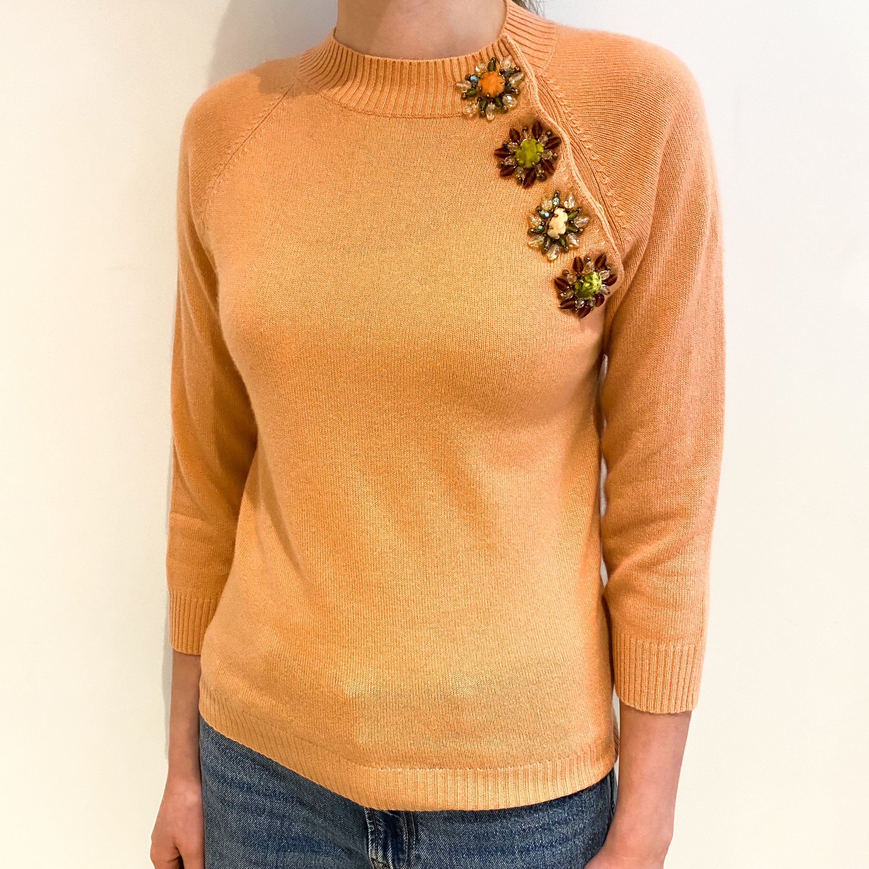 Dusty Peach Cashmere Jewelled Crew Neck Jumper Extra Small