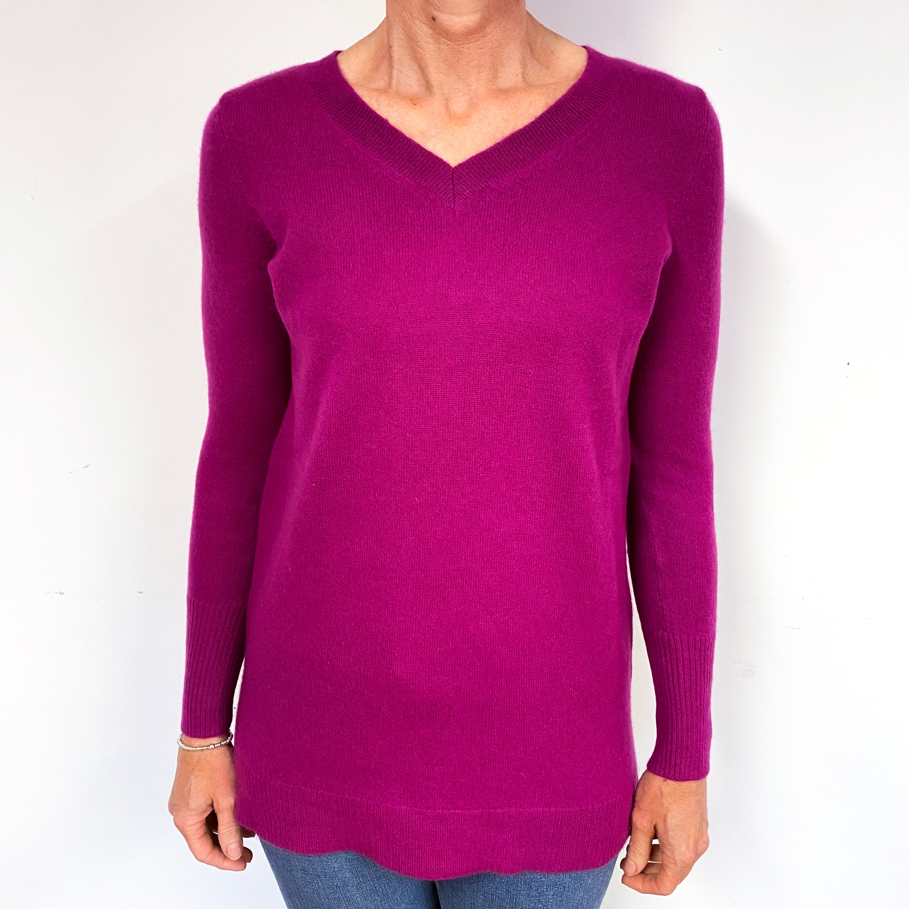 Deep Magenta Pink Cashmere V-Neck Jumper Medium