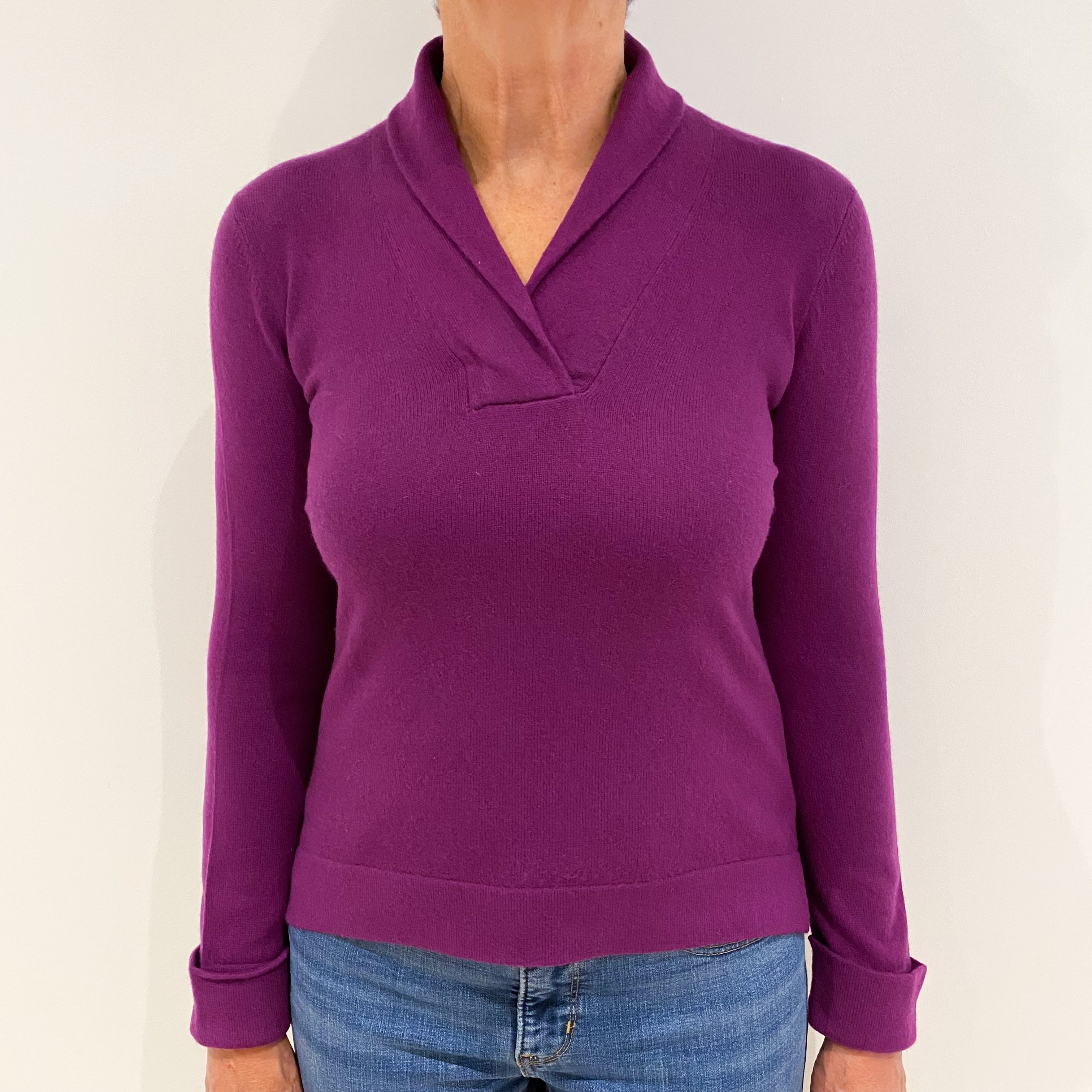 Viola Purple Cashmere Collared V-Neck Jumper Medium