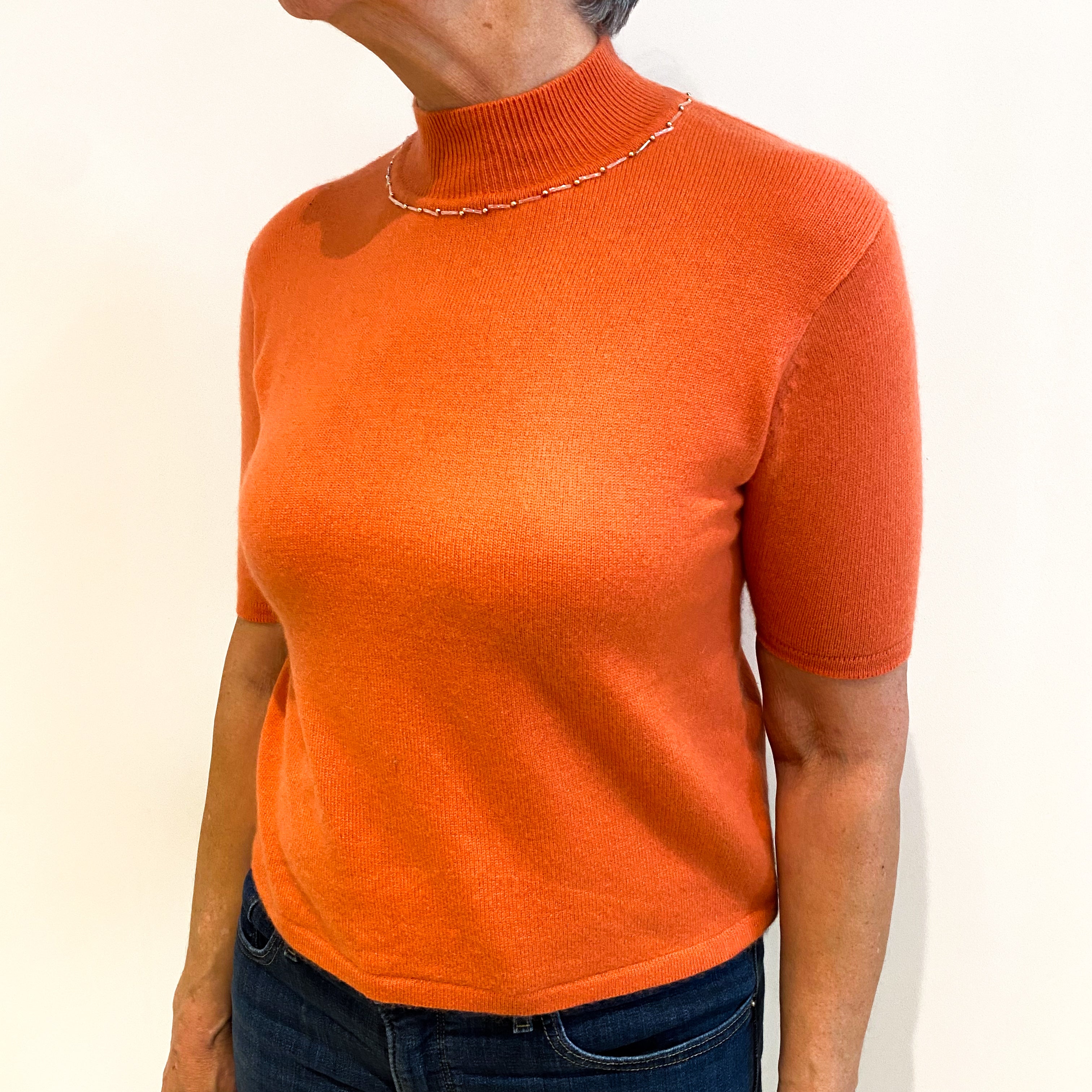 Crab Orange Cashmere Turtle Neck Short Sleeved Jumper Medium