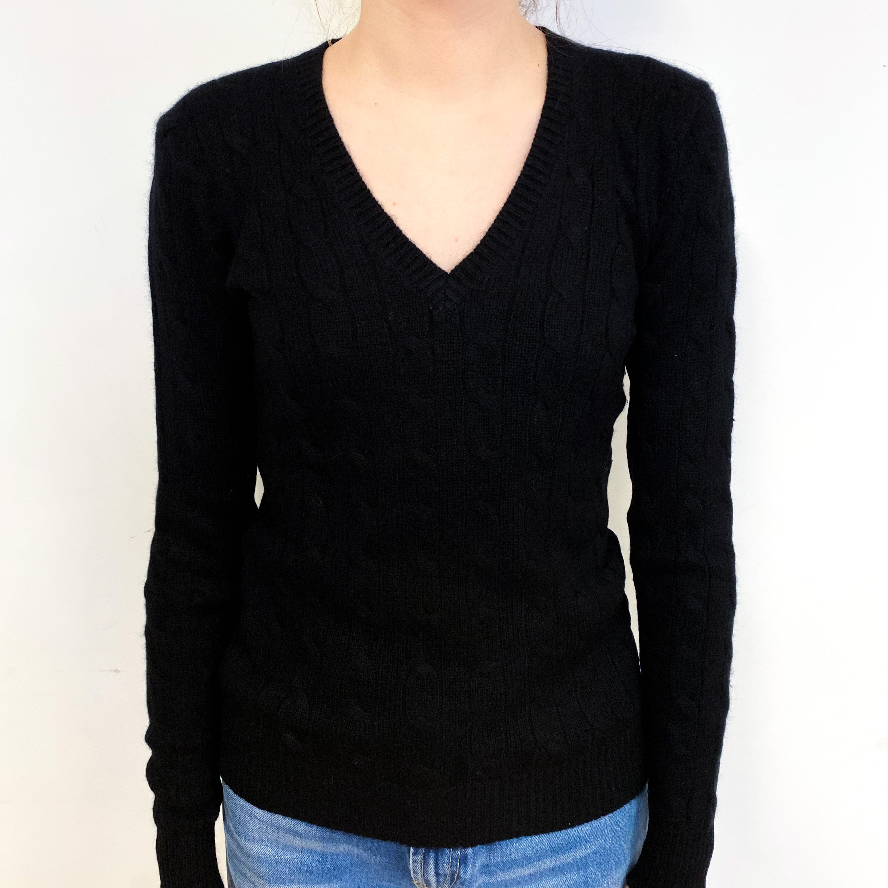 Ralph Lauren Black Cable Cashmere V-Neck Jumper Extra Small