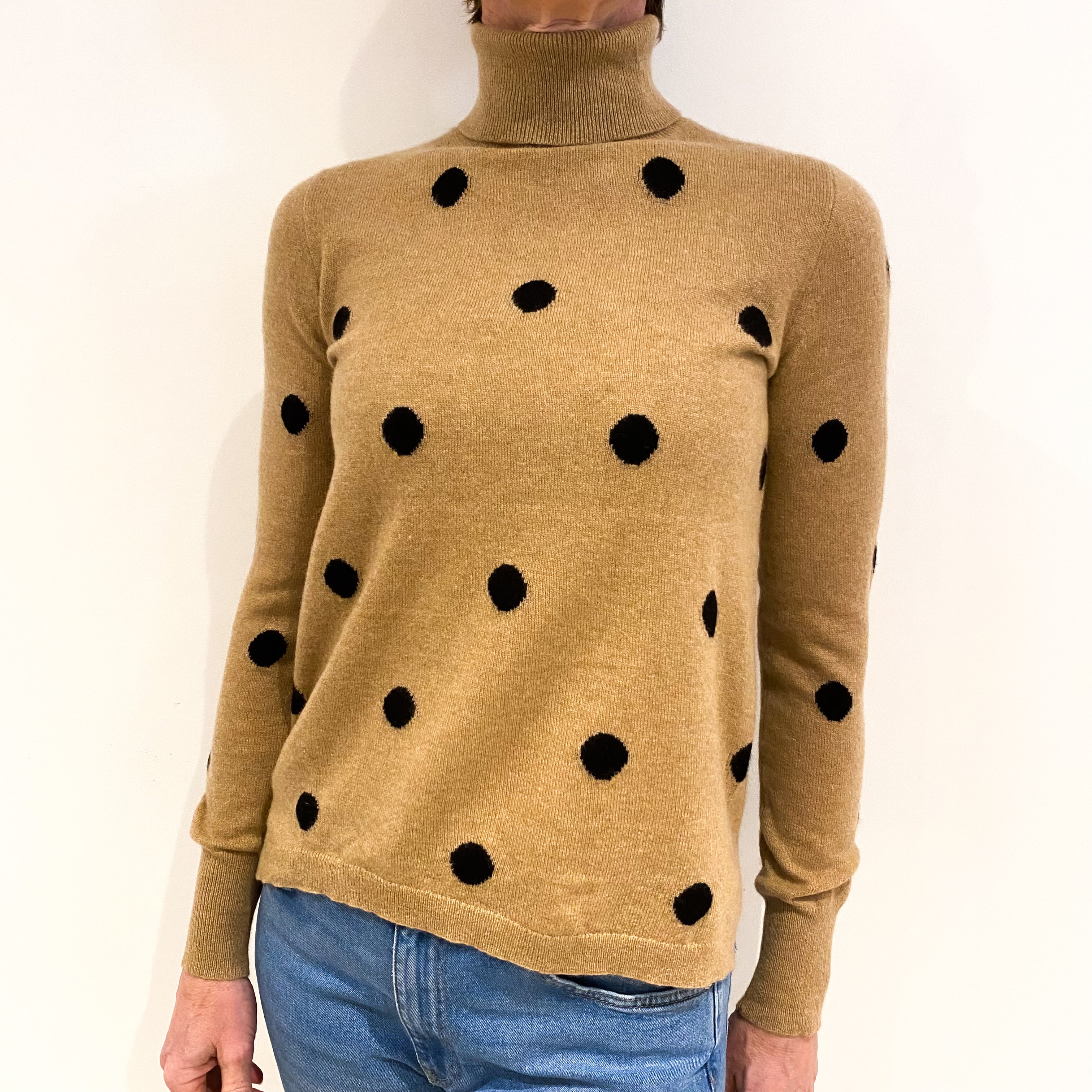 Caramel with Black Polka Dot Cashmere Polo Neck Jumper Small