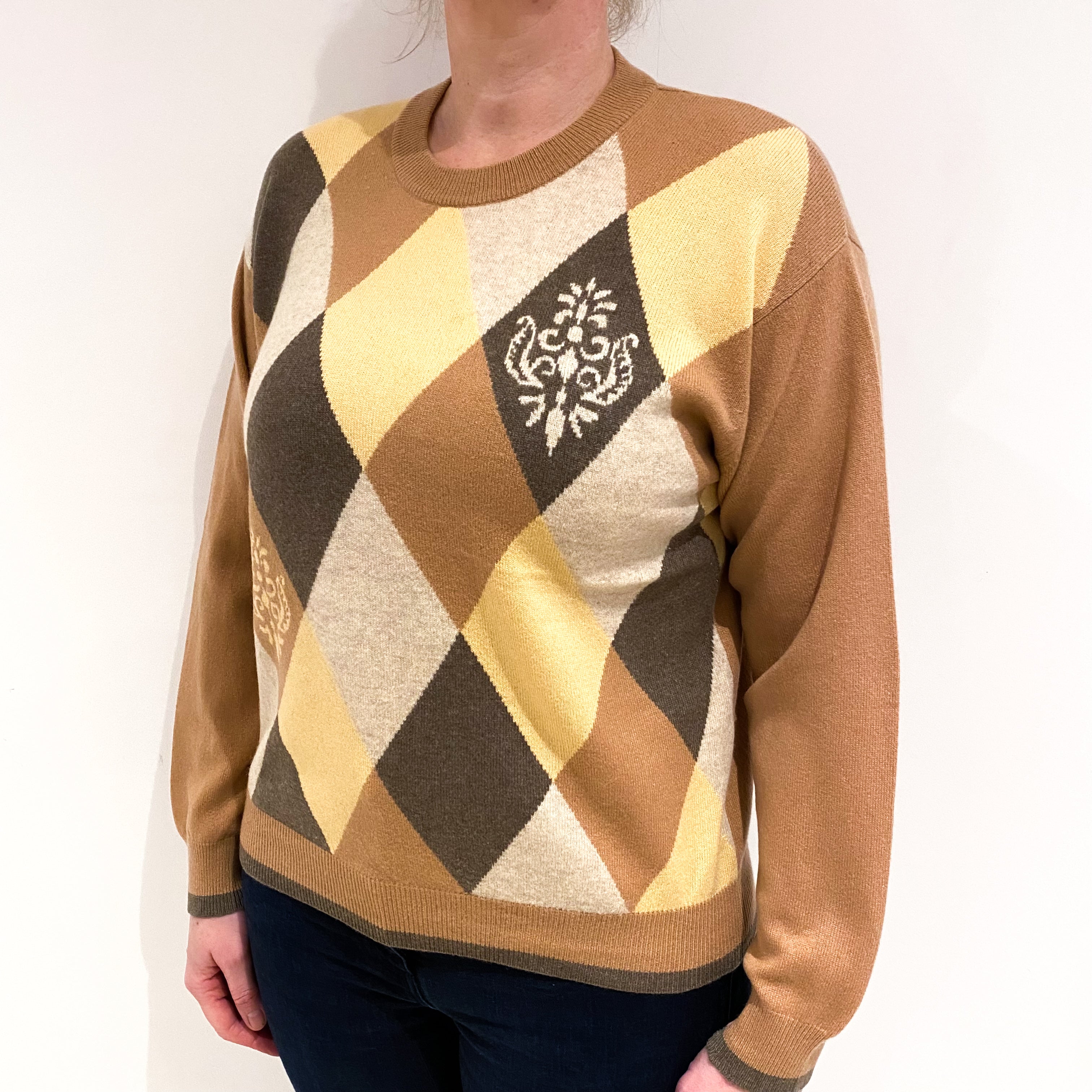 Sand Beige Grey and Yellow Diamond Cashmere Crew Neck Jumper Large