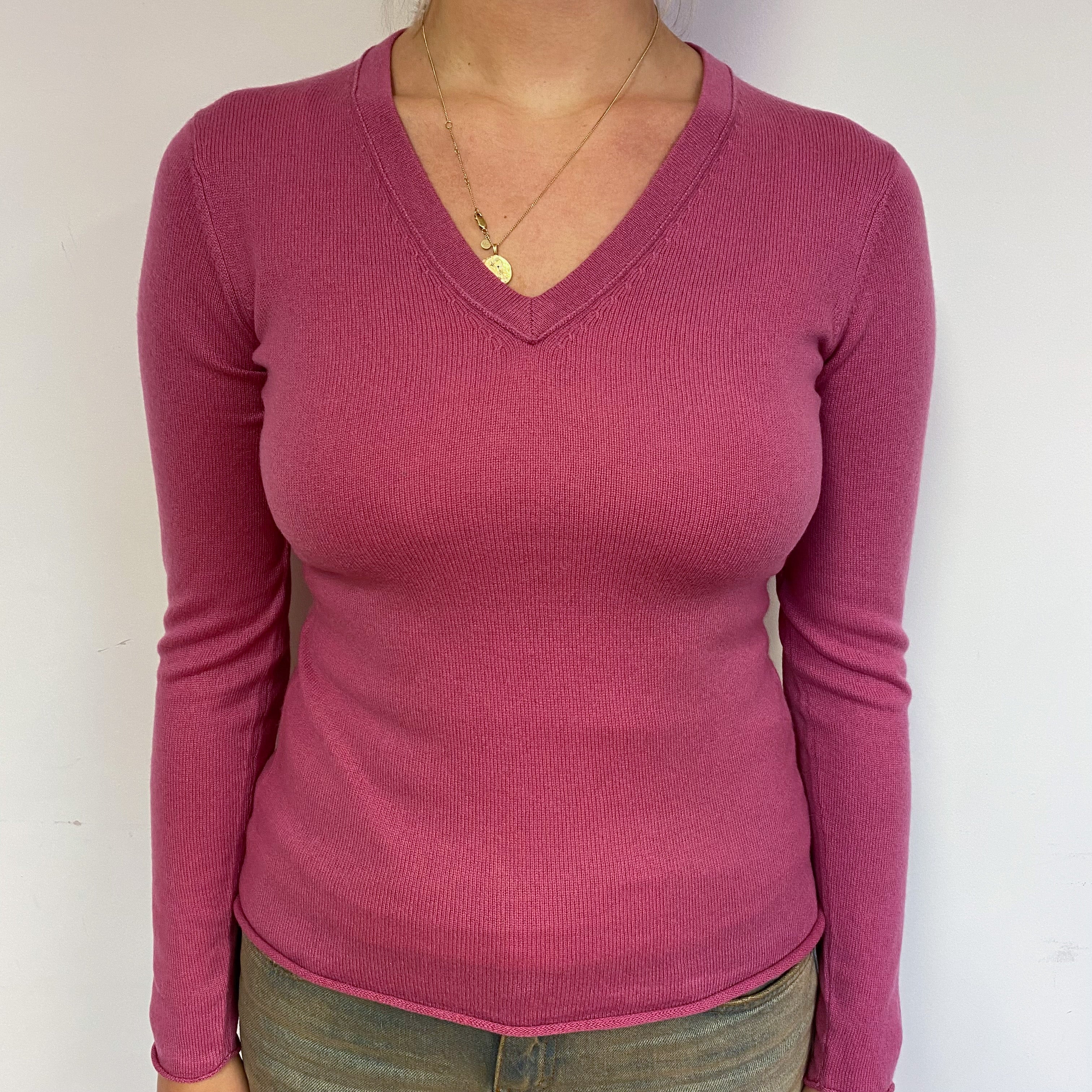 Heather Pink Cashmere V-Neck Jumper Small