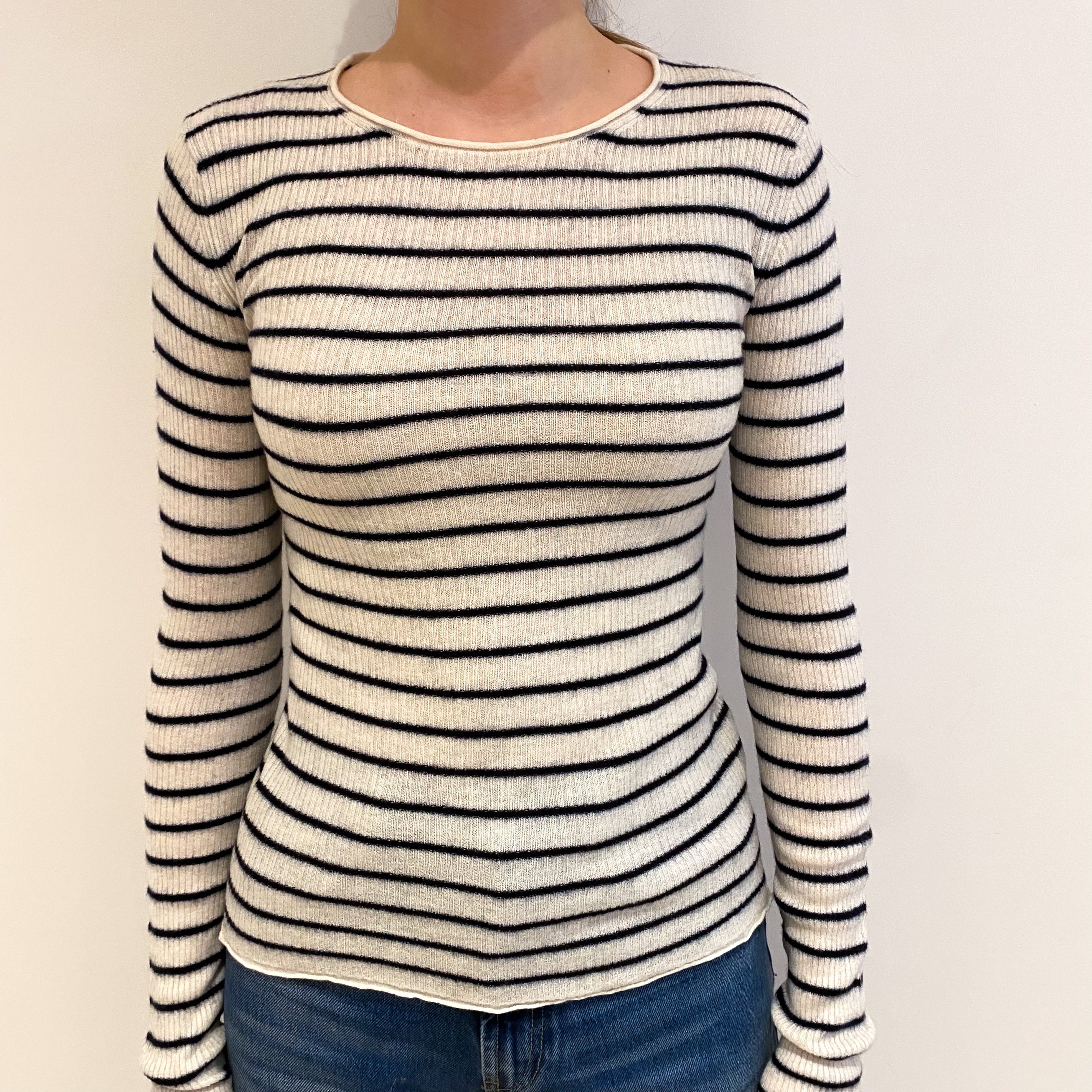 Vince Winter White Stripe Cashmere Crew Neck Jumper Extra Small