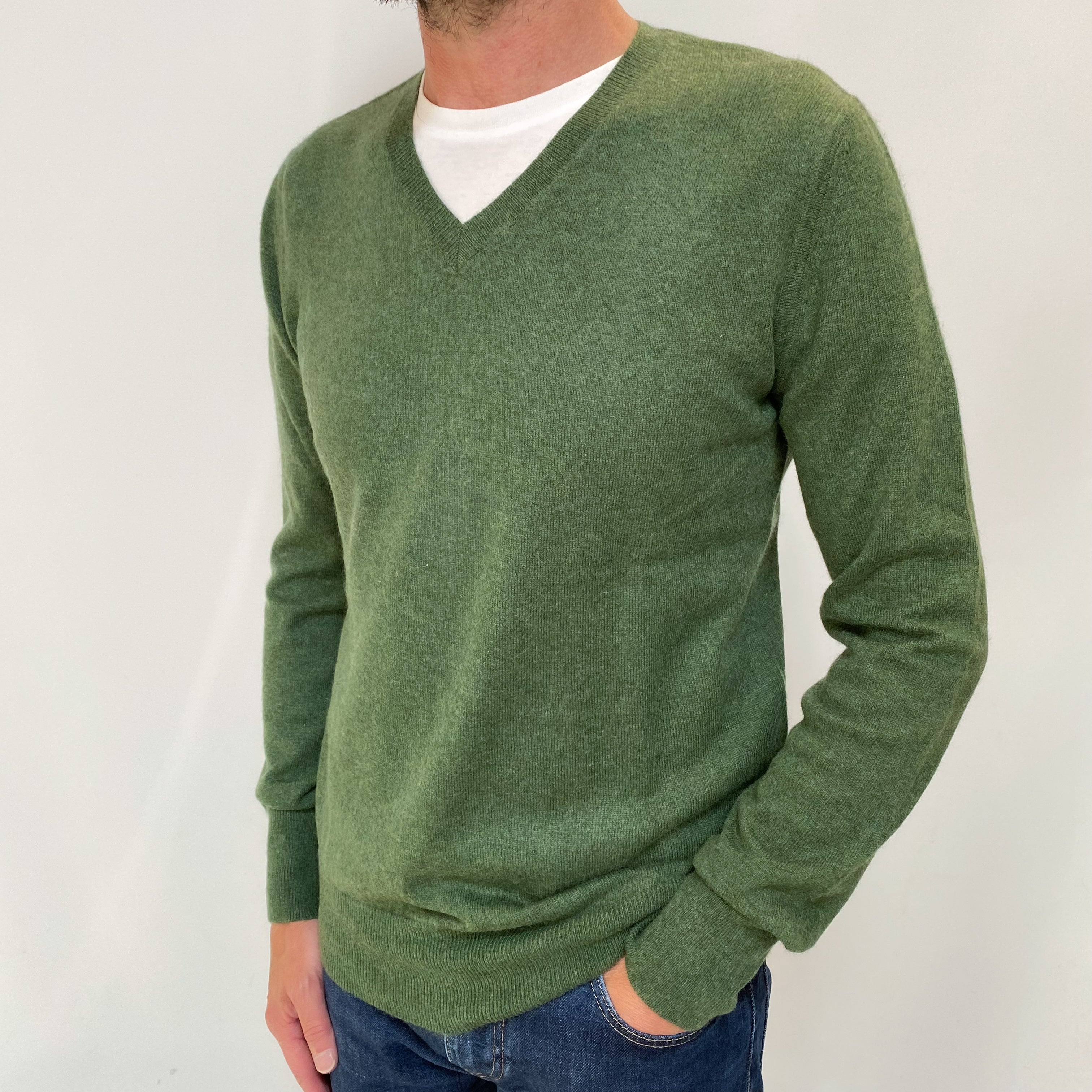 Men's Khaki Marl Cashmere V Neck Jumper Small