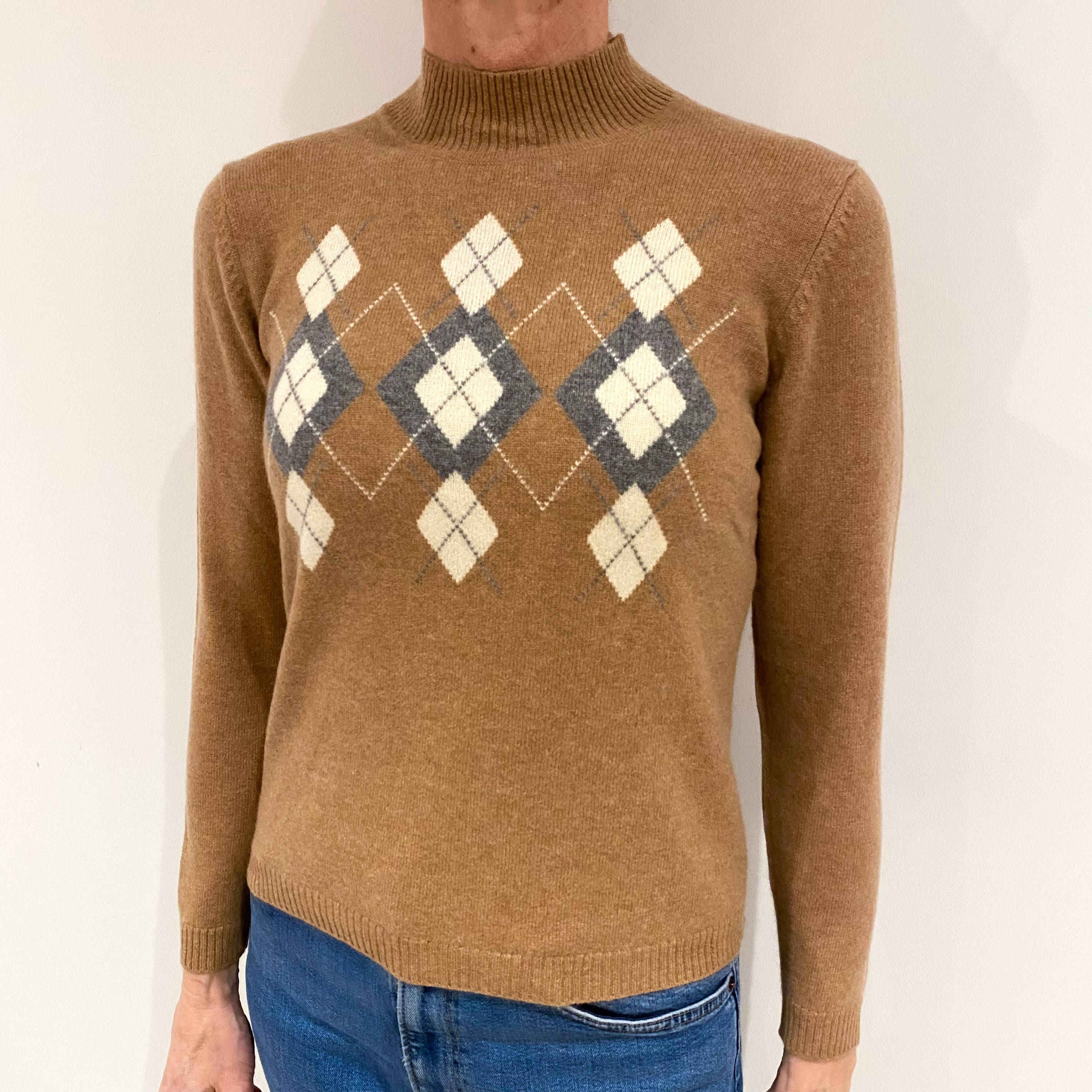 Butterscotch Brown Diamond Patterned Cashmere Turtle Neck Jumper Small