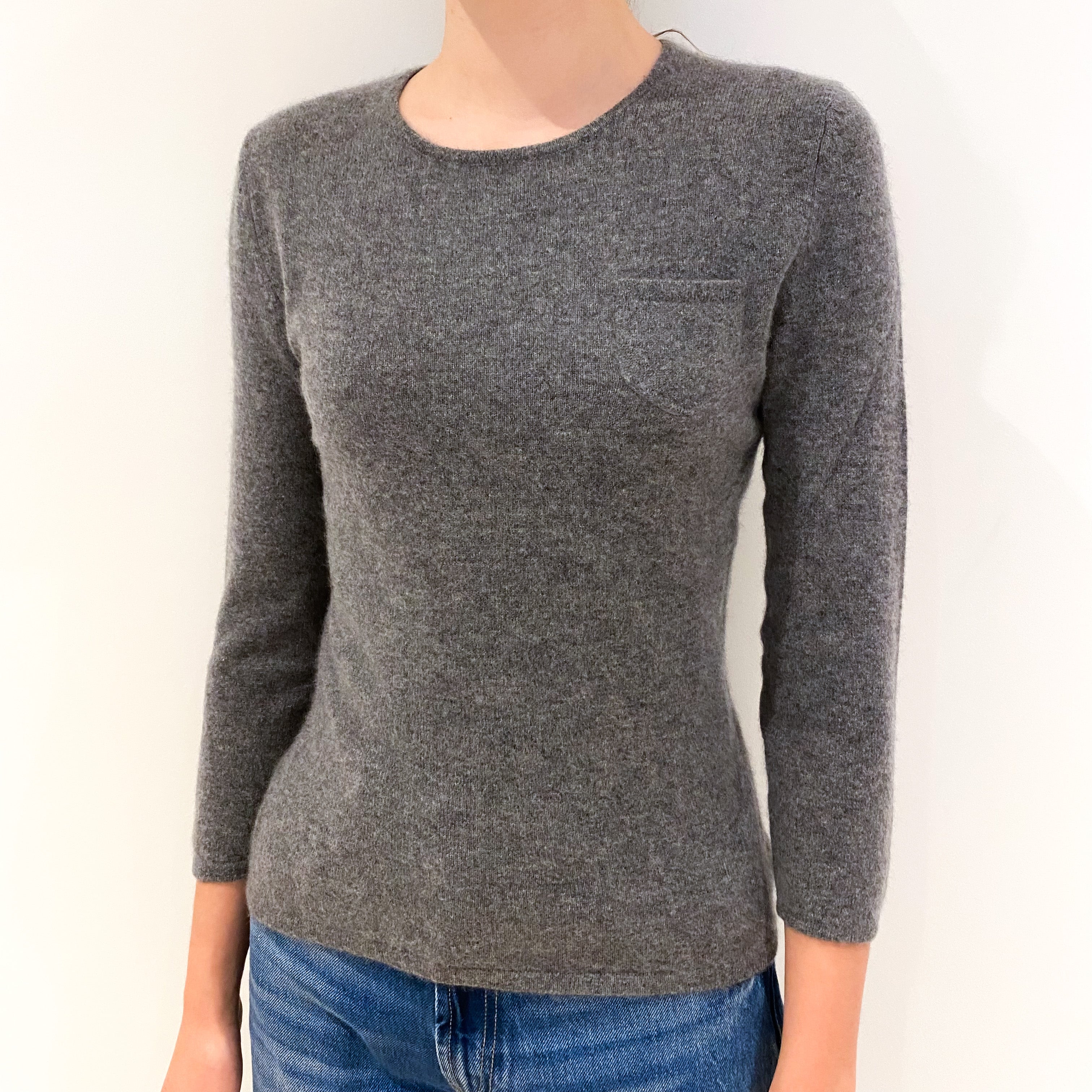 Smoke Grey Cashmere Crew Neck Jumper with Chest Pocket Extra Small