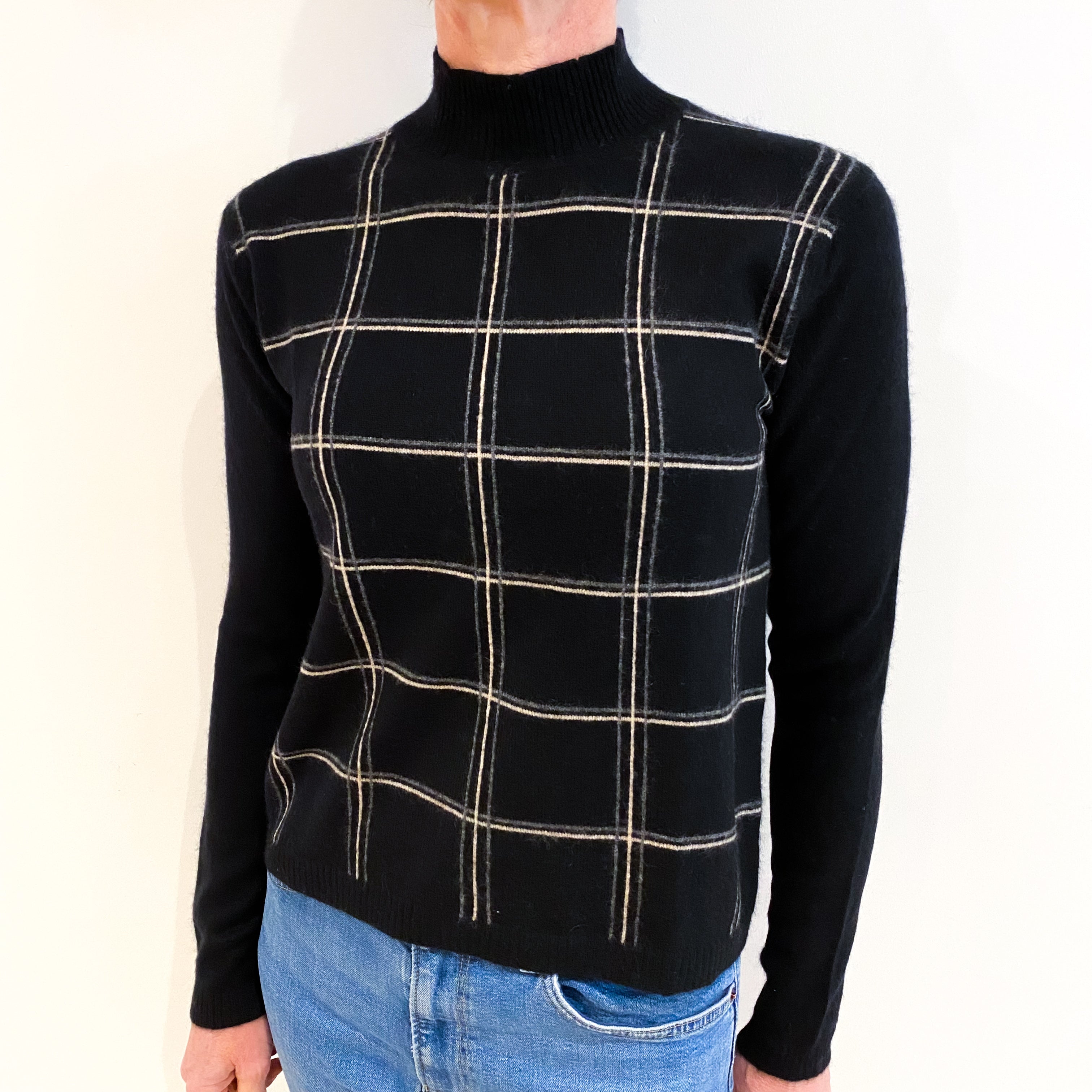 Black And Grey Checked Cashmere Turtle Neck Jumper Small