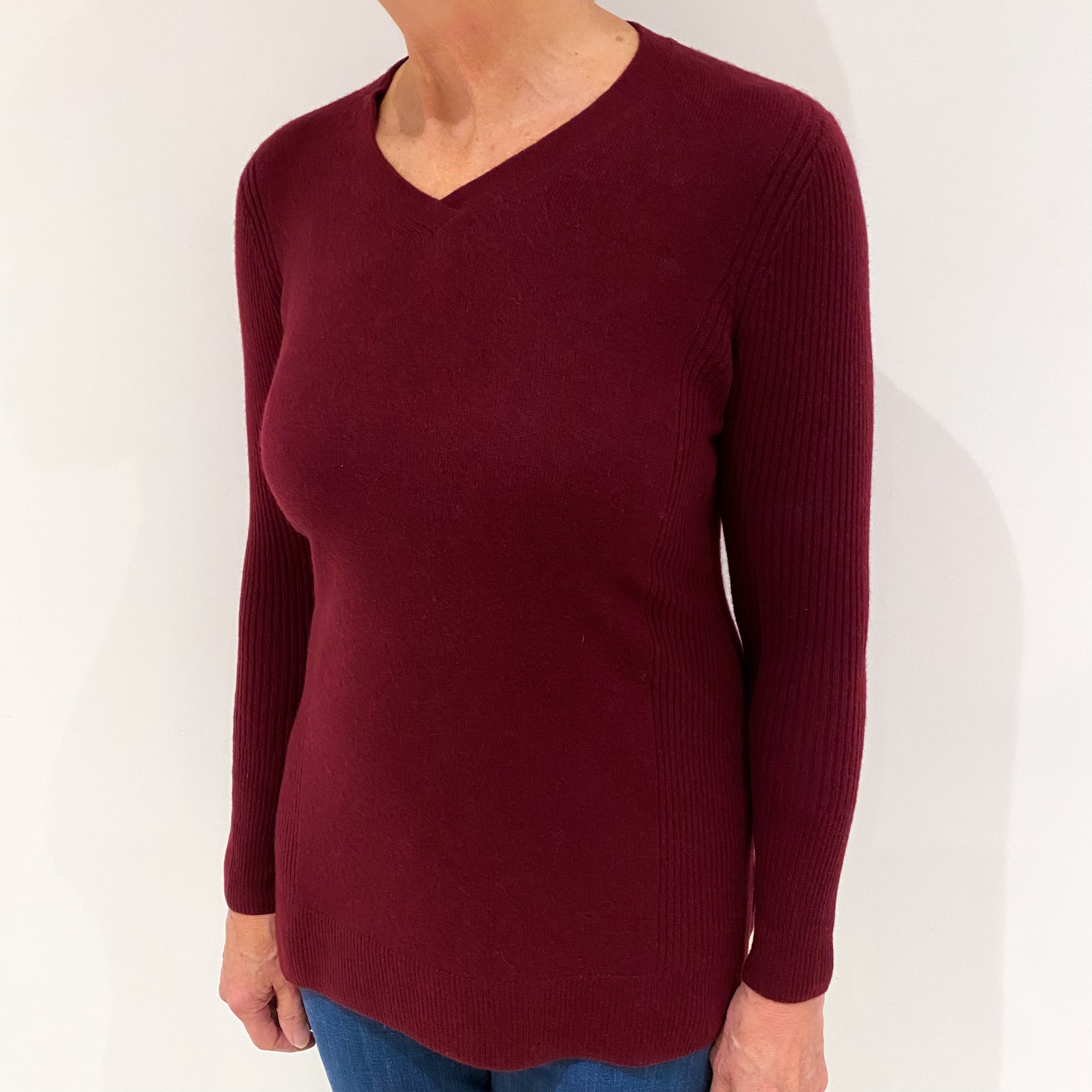 Wine Red Cashmere V Neck Jumper Medium