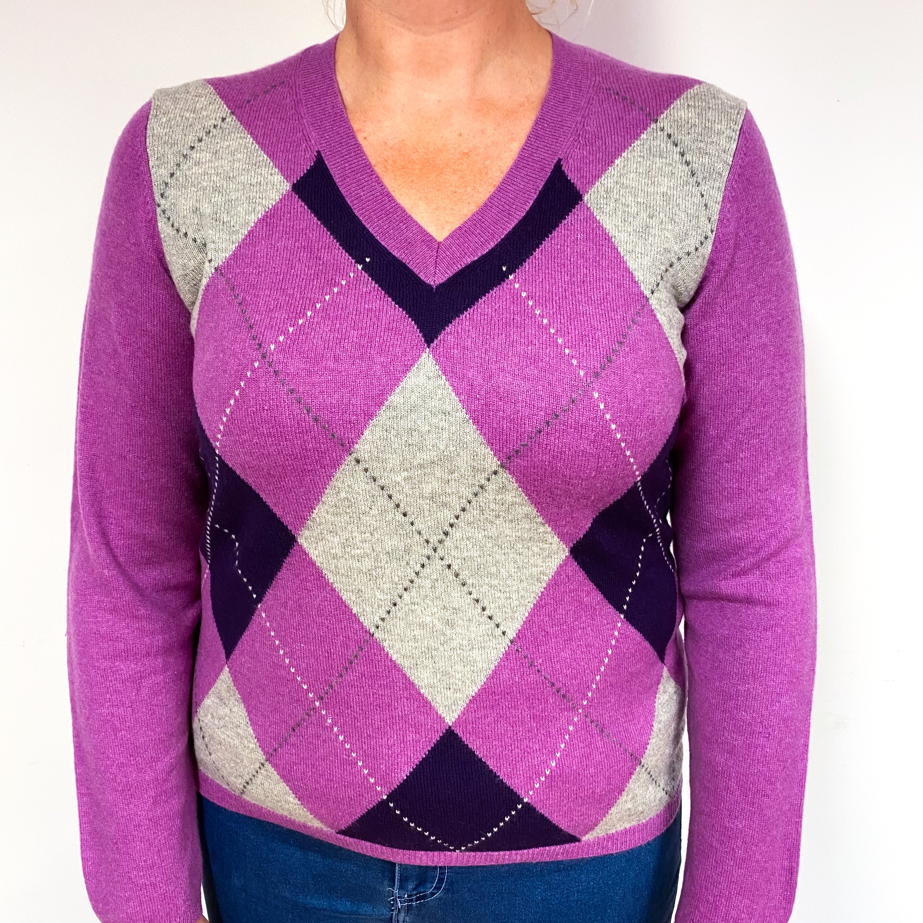 Heather Purple Diamond Cashmere V-Neck Jumper Large