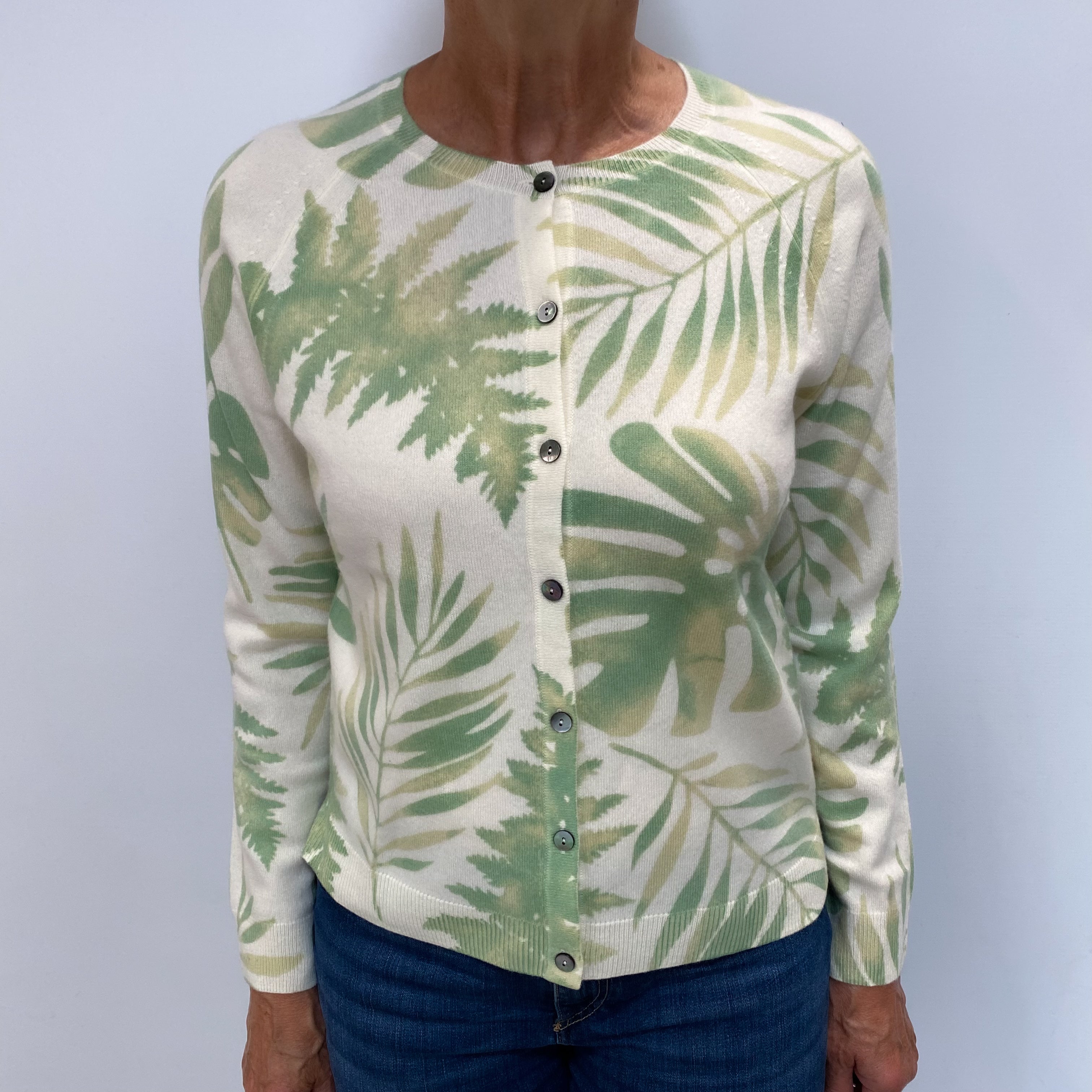 New Green Botanical Cashmere Crew Cardigan Medium