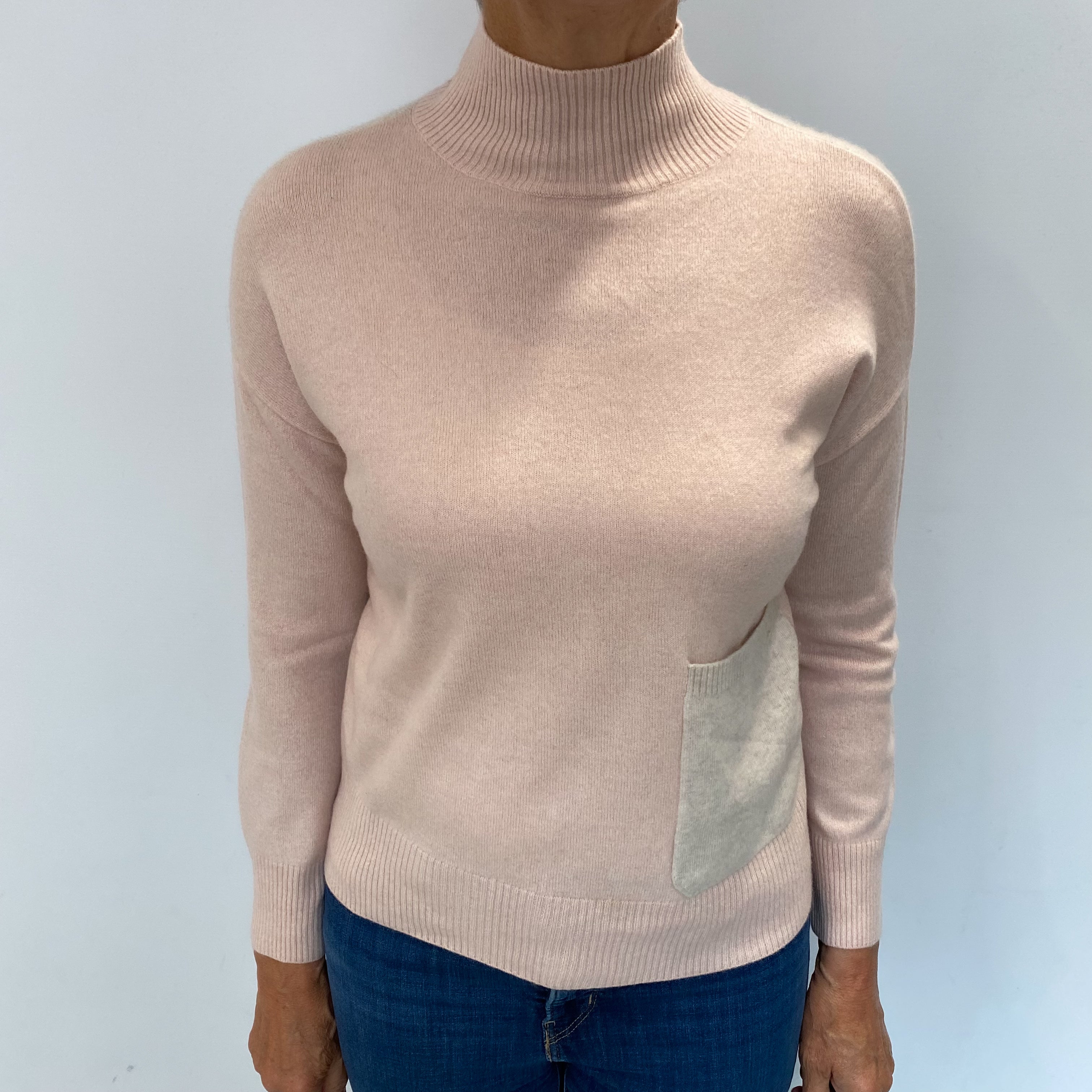 Shell Pink and Oatmeal Cashmere Turtle Neck Jumper Medium