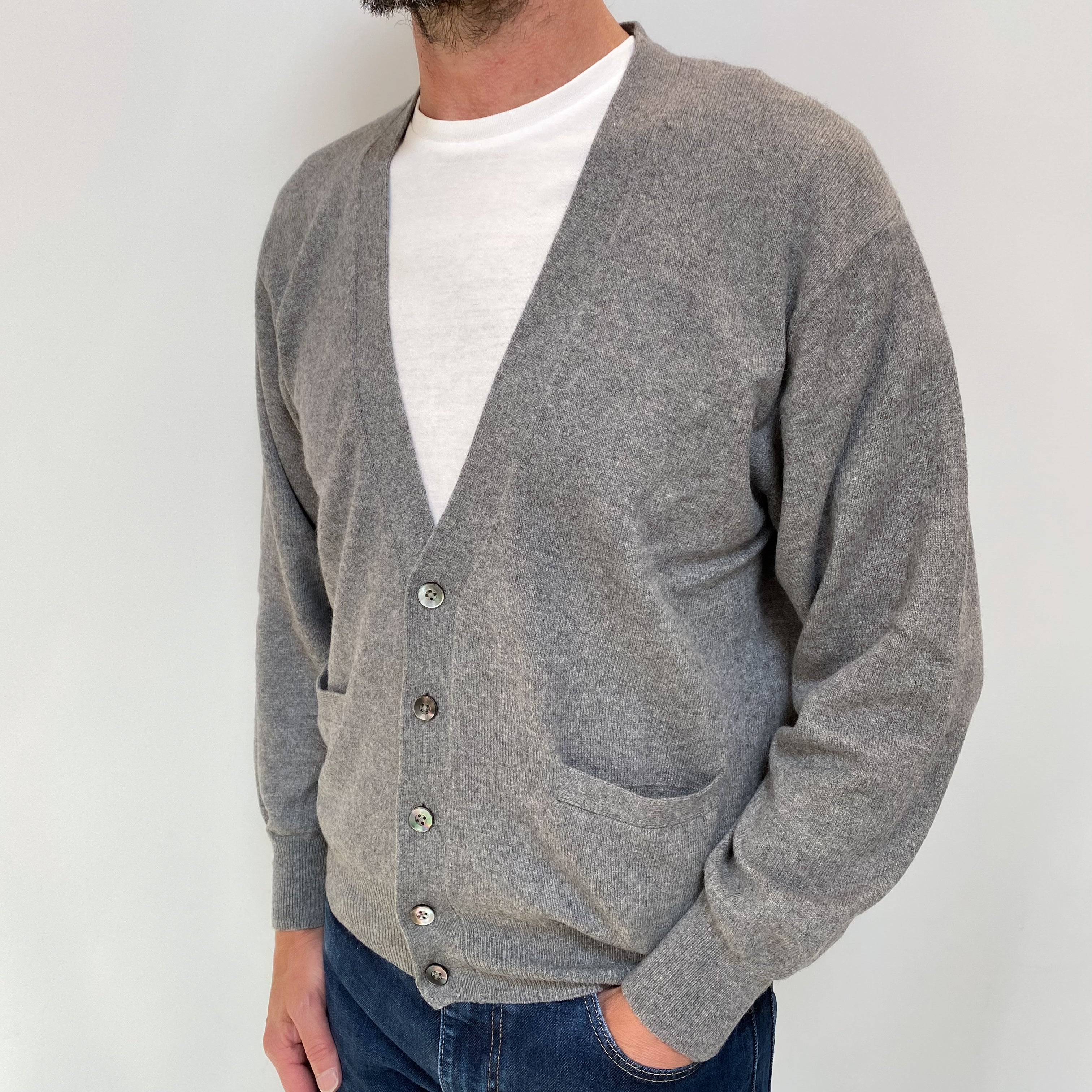 Men's Ash Grey Cashmere V Neck Cardigan Jumper Small