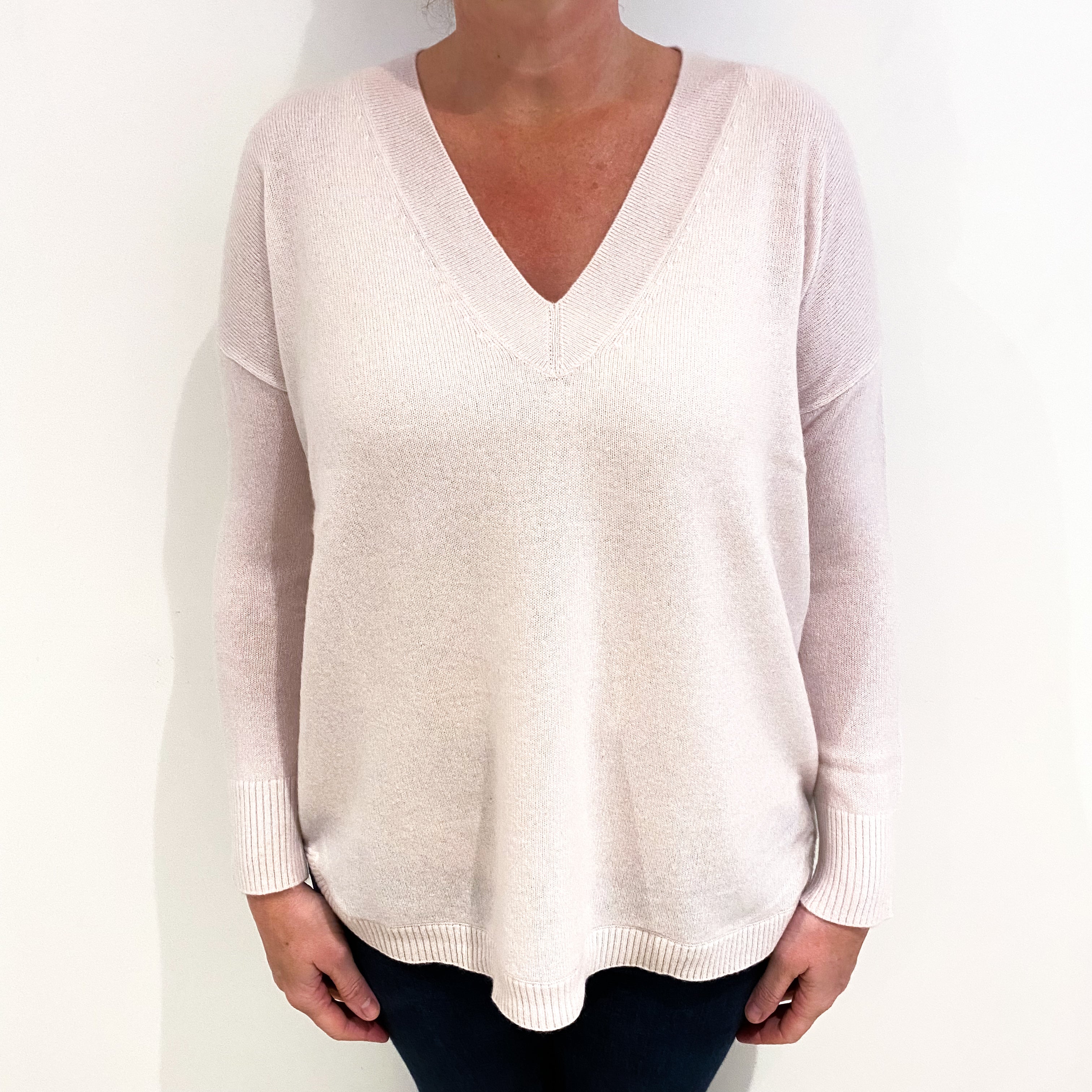 White Company Ice Pink Cashmere Slouchy V Neck Jumper Large