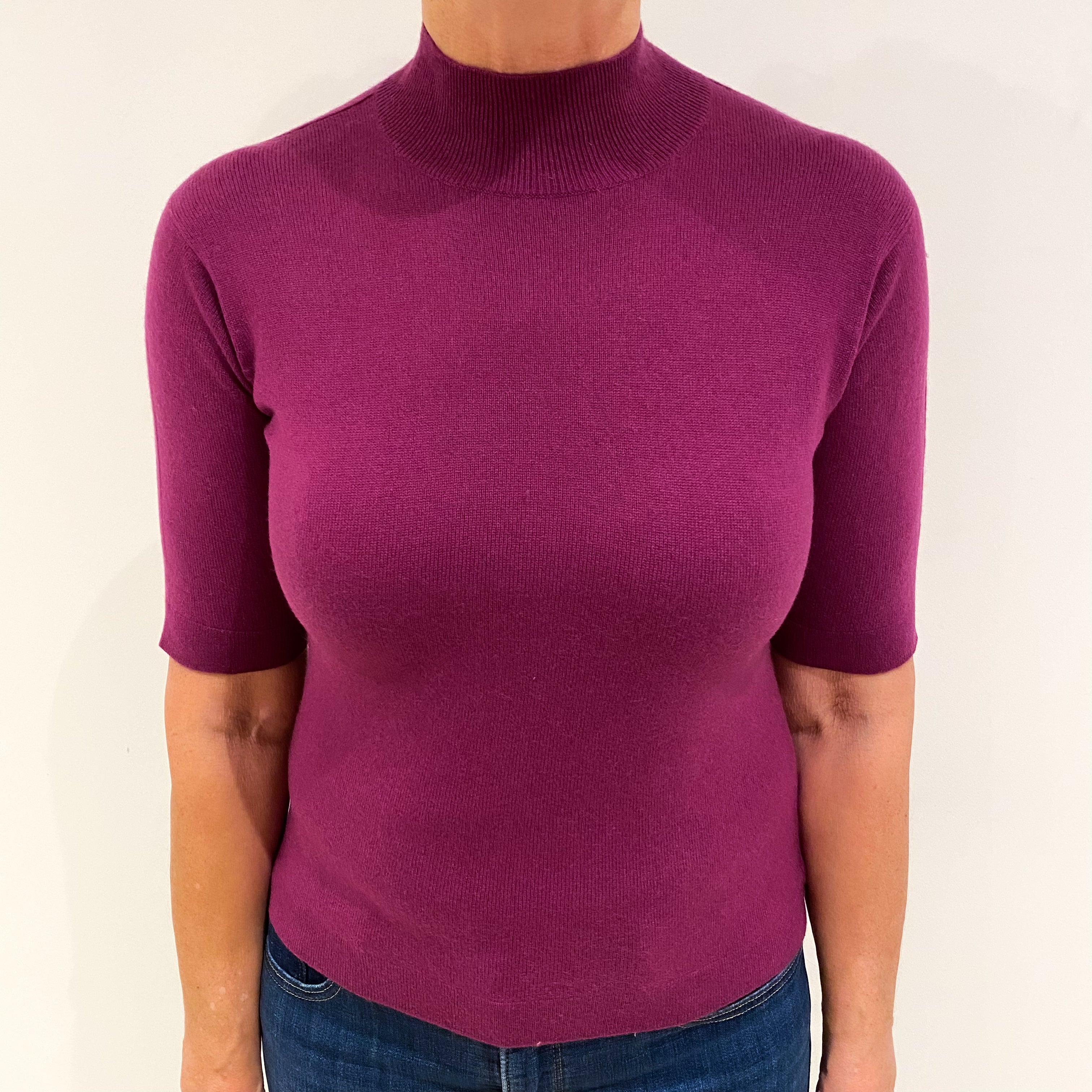 Plum Purple Short Sleeved Cashmere Turtle Neck Jumper Medium