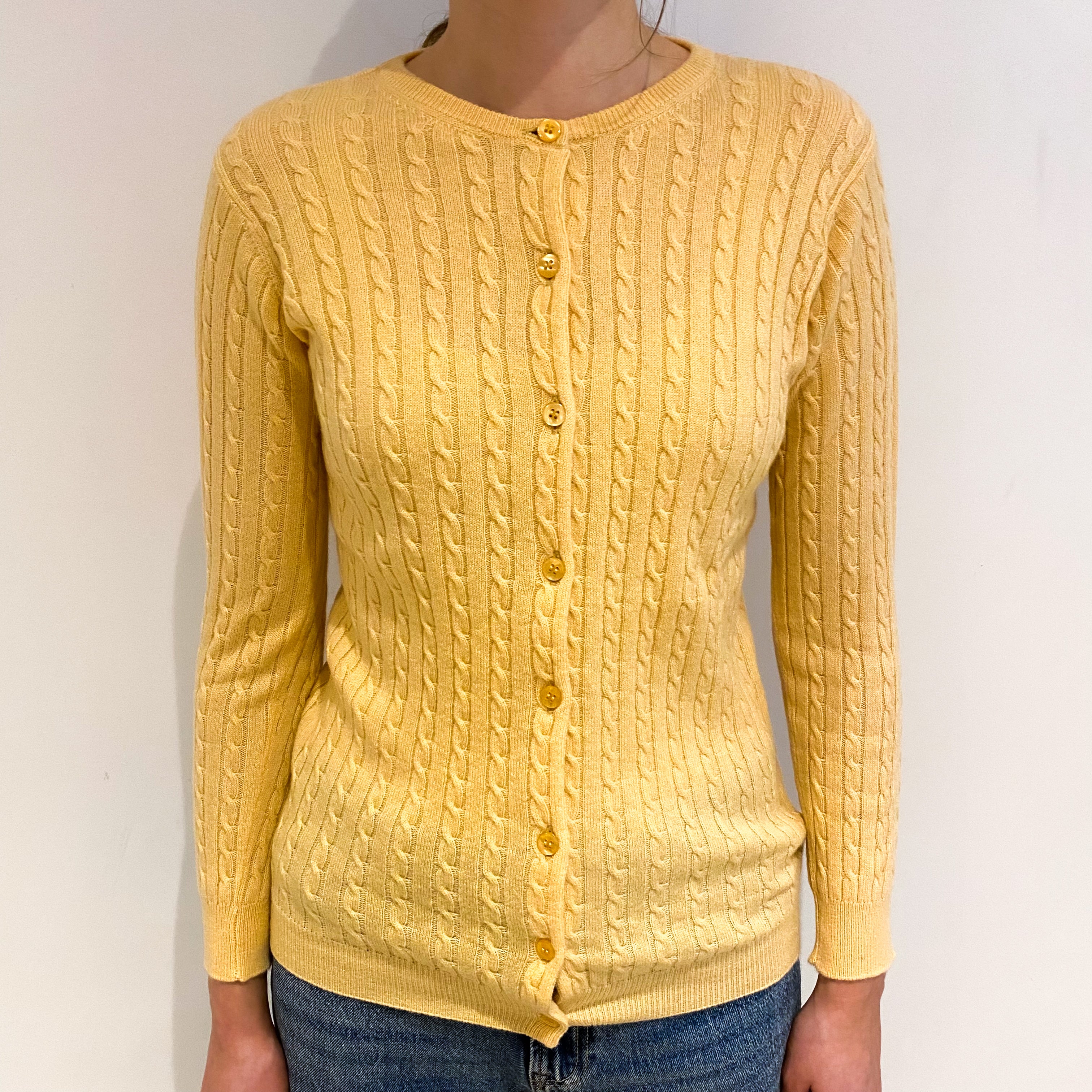 Custard Yellow Cashmere Crew Neck Cardigan Extra Small