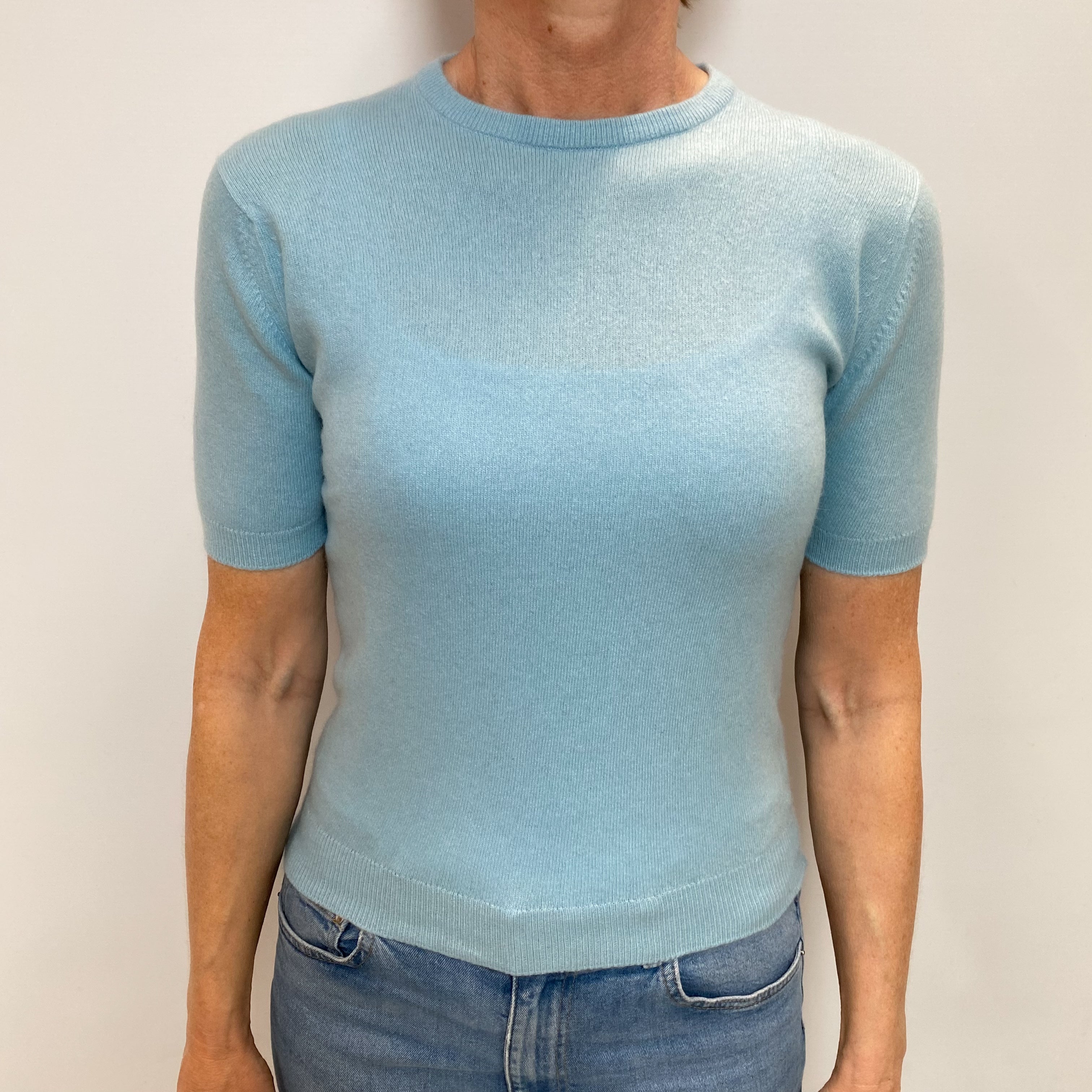 Opal Blue Cashmere Crew Neck Short Sleeved Jumper Small