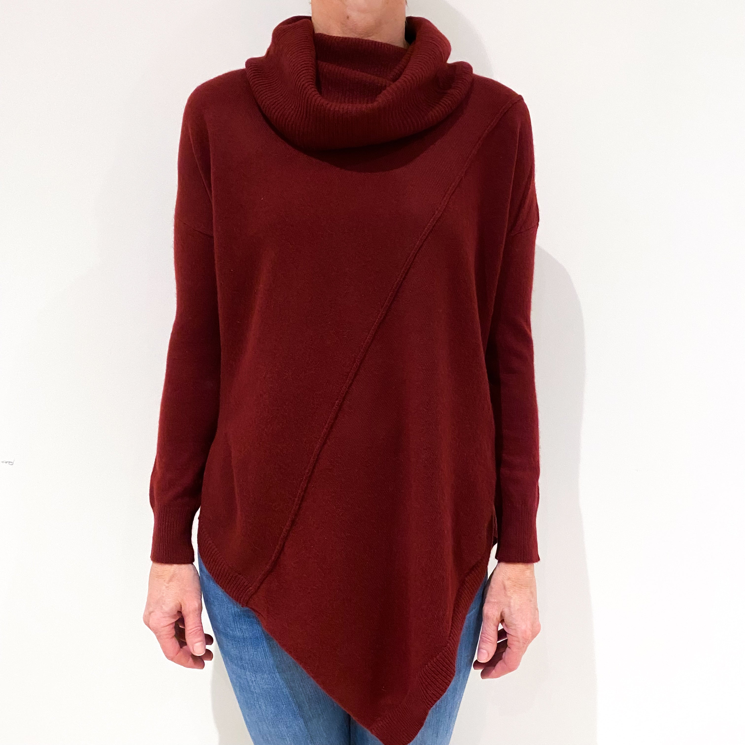 Wine Red Asymmetric Hem Cashmere Cowl Neck Jumper Small