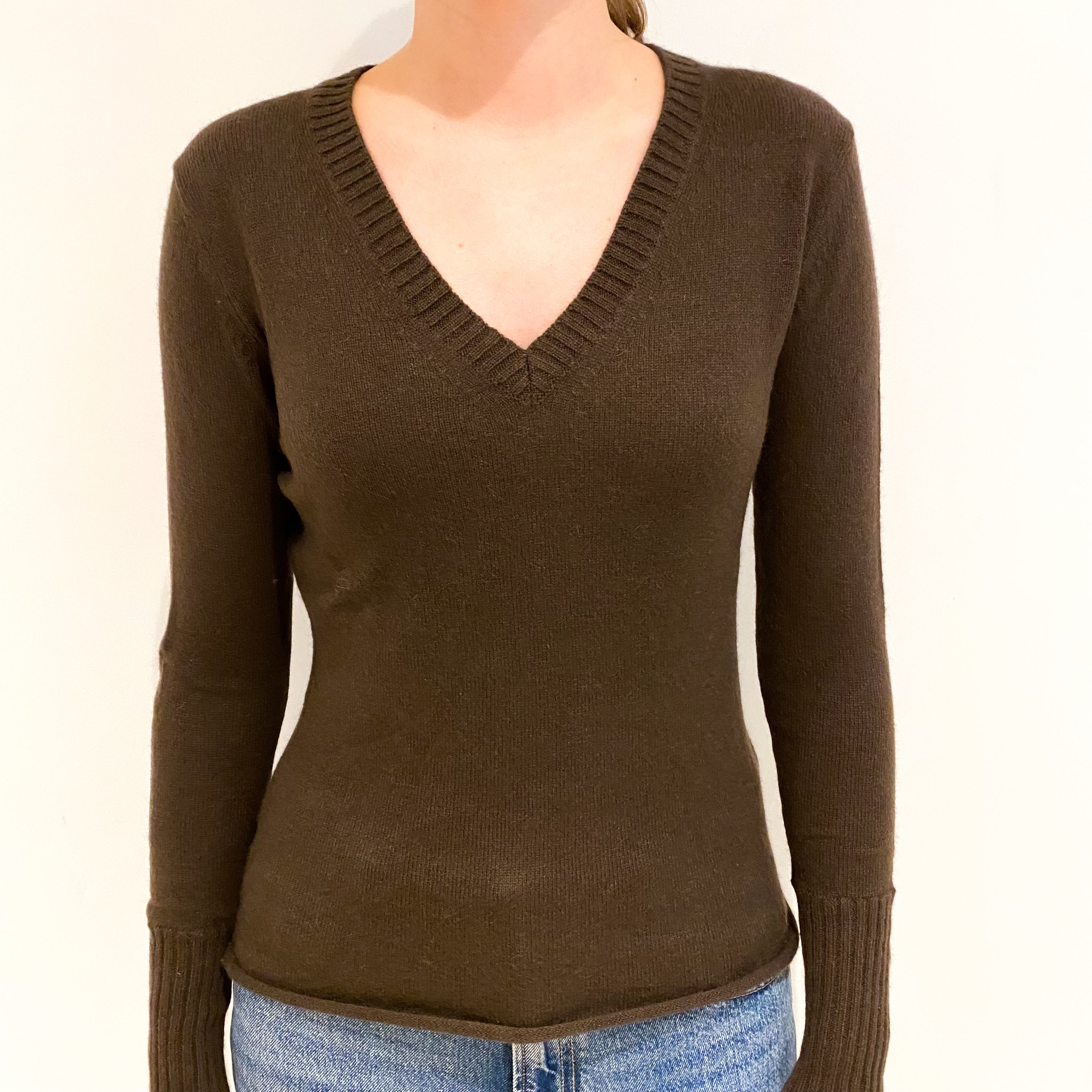 Chocolate Brown Cashmere V Neck Jumper Extra Small