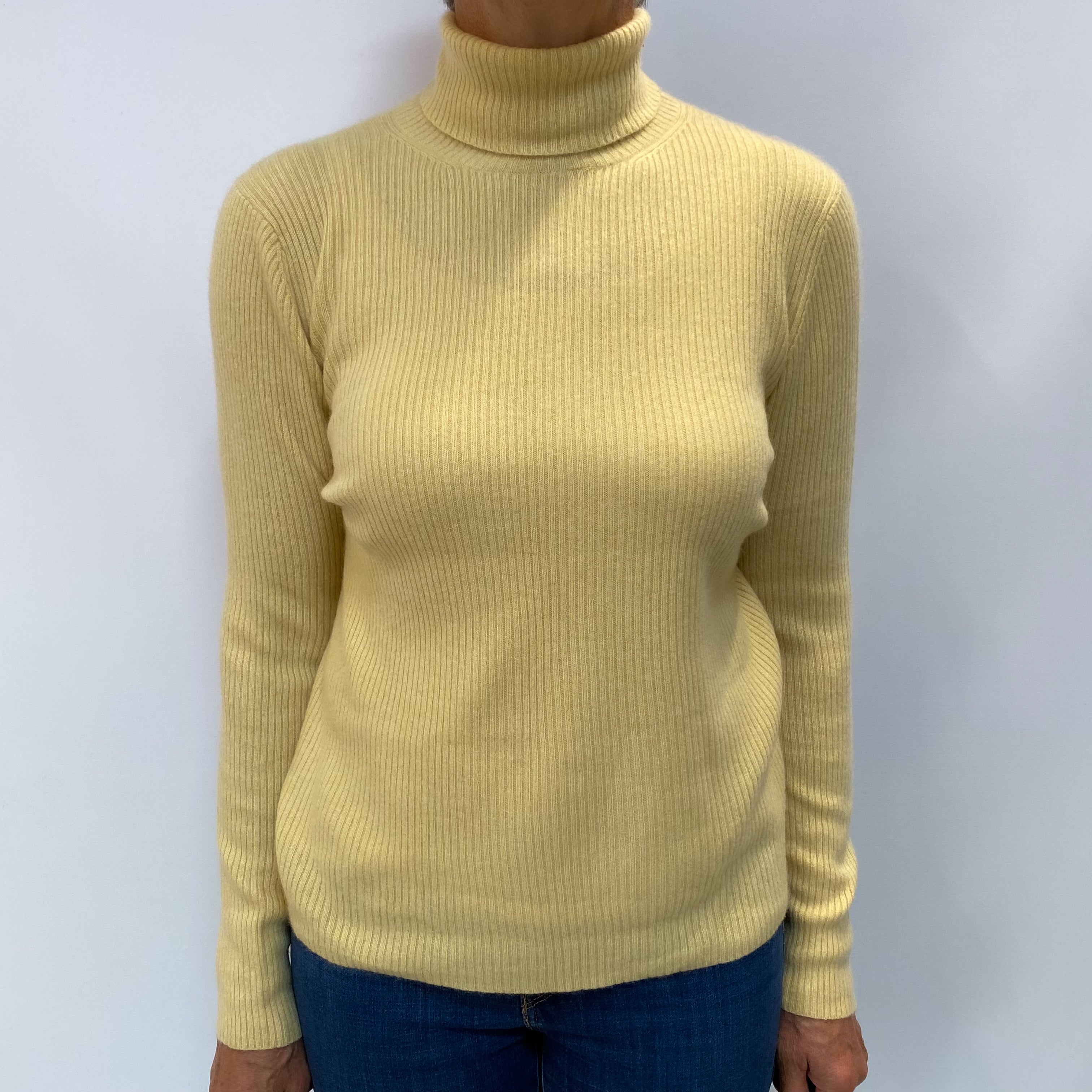 Custard Yellow Cashmere Polo Neck Rib Jumper Medium