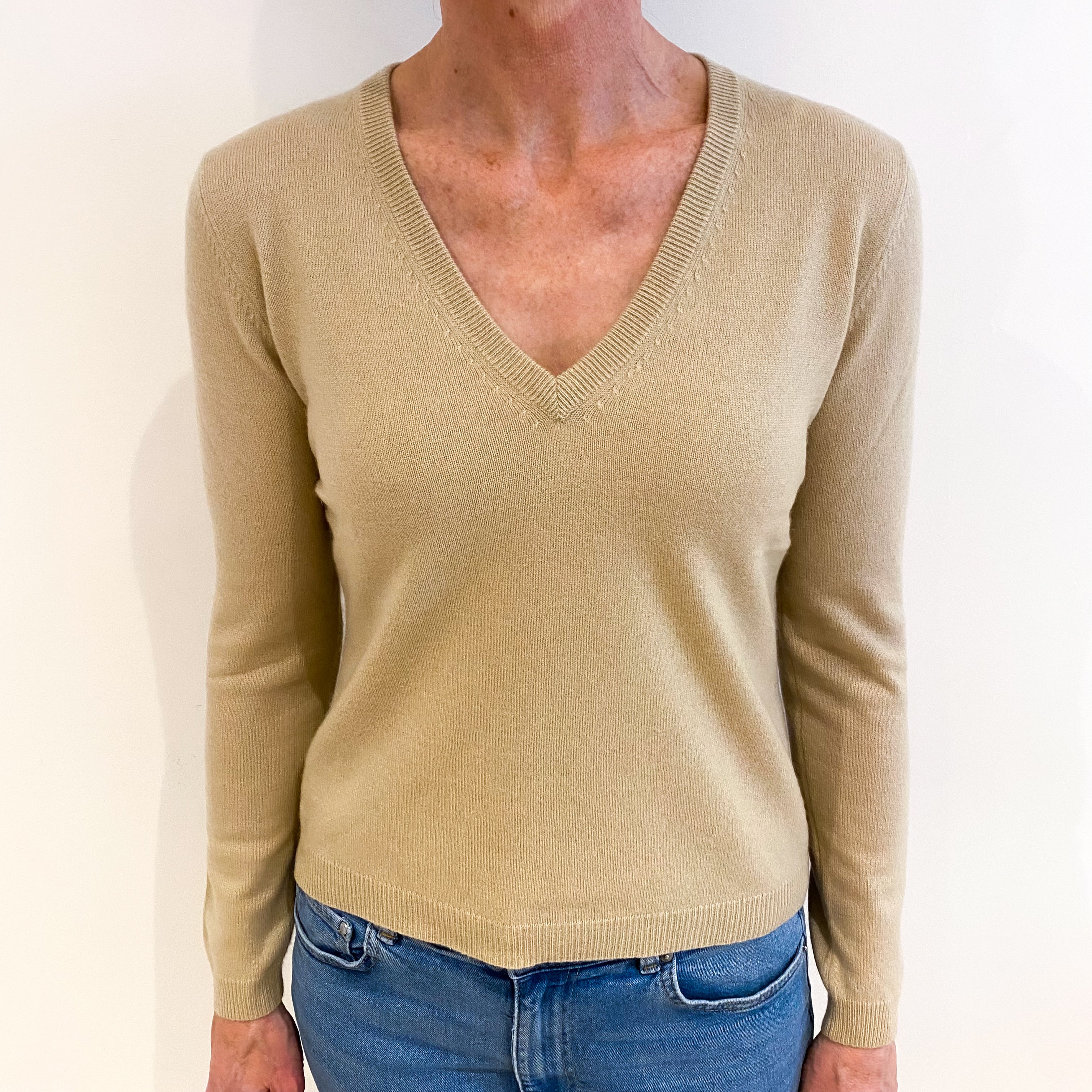 Honey Beige Cashmere V Neck Jumper Small