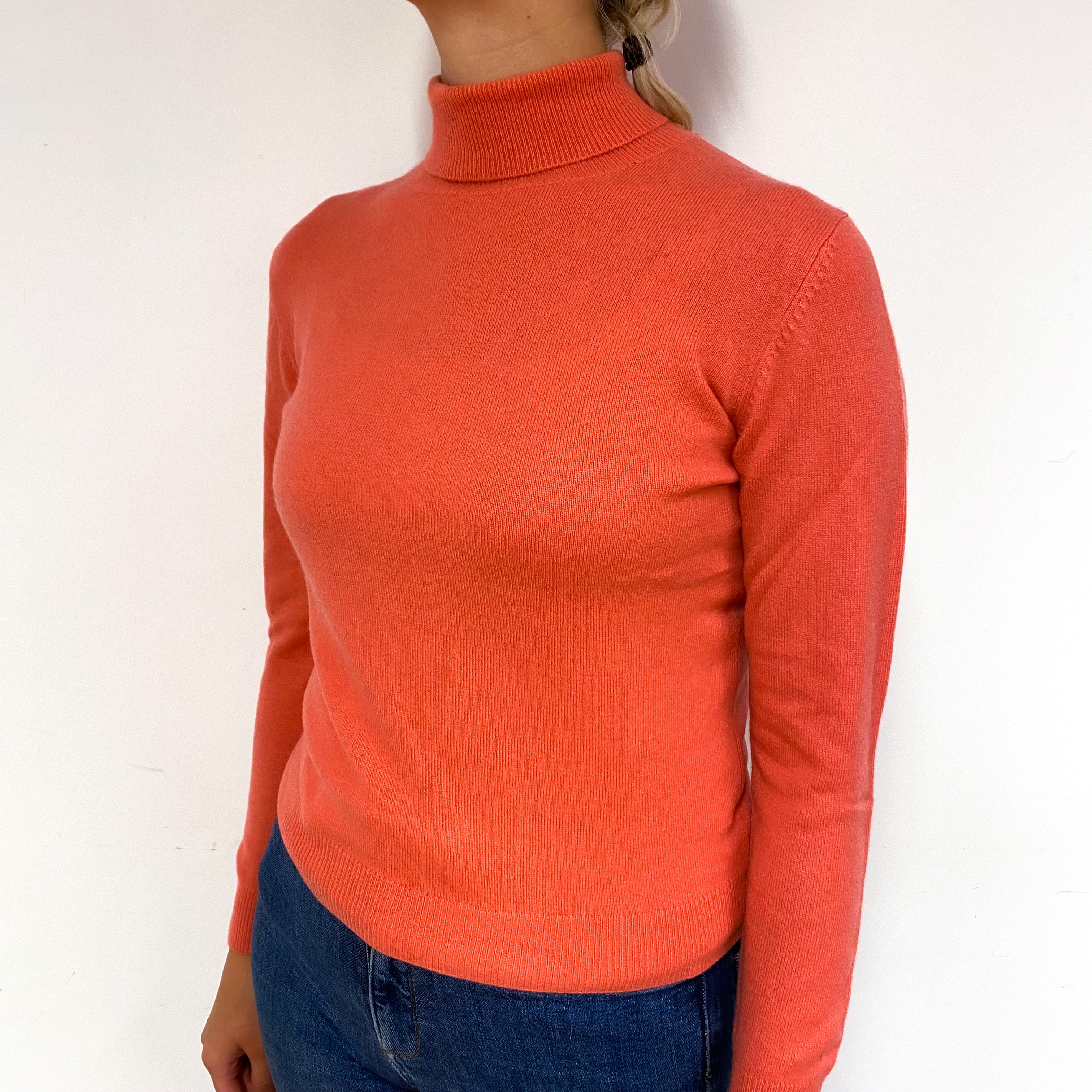 Deep Coral Orange Cashmere Polo Neck Jumper Small