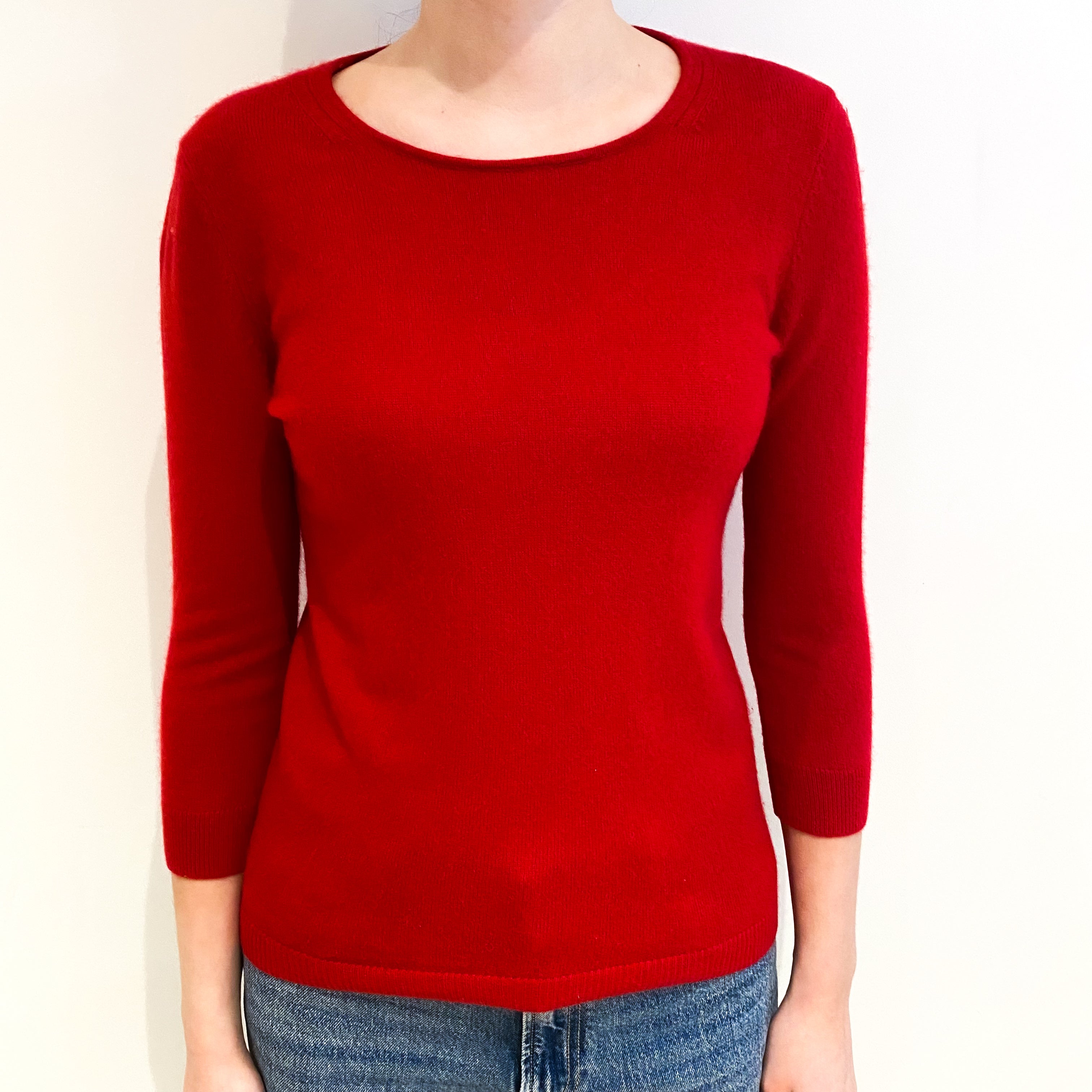 Scarlet Red 3/4 Sleeve Cashmere Crew Neck Jumper Extra Small