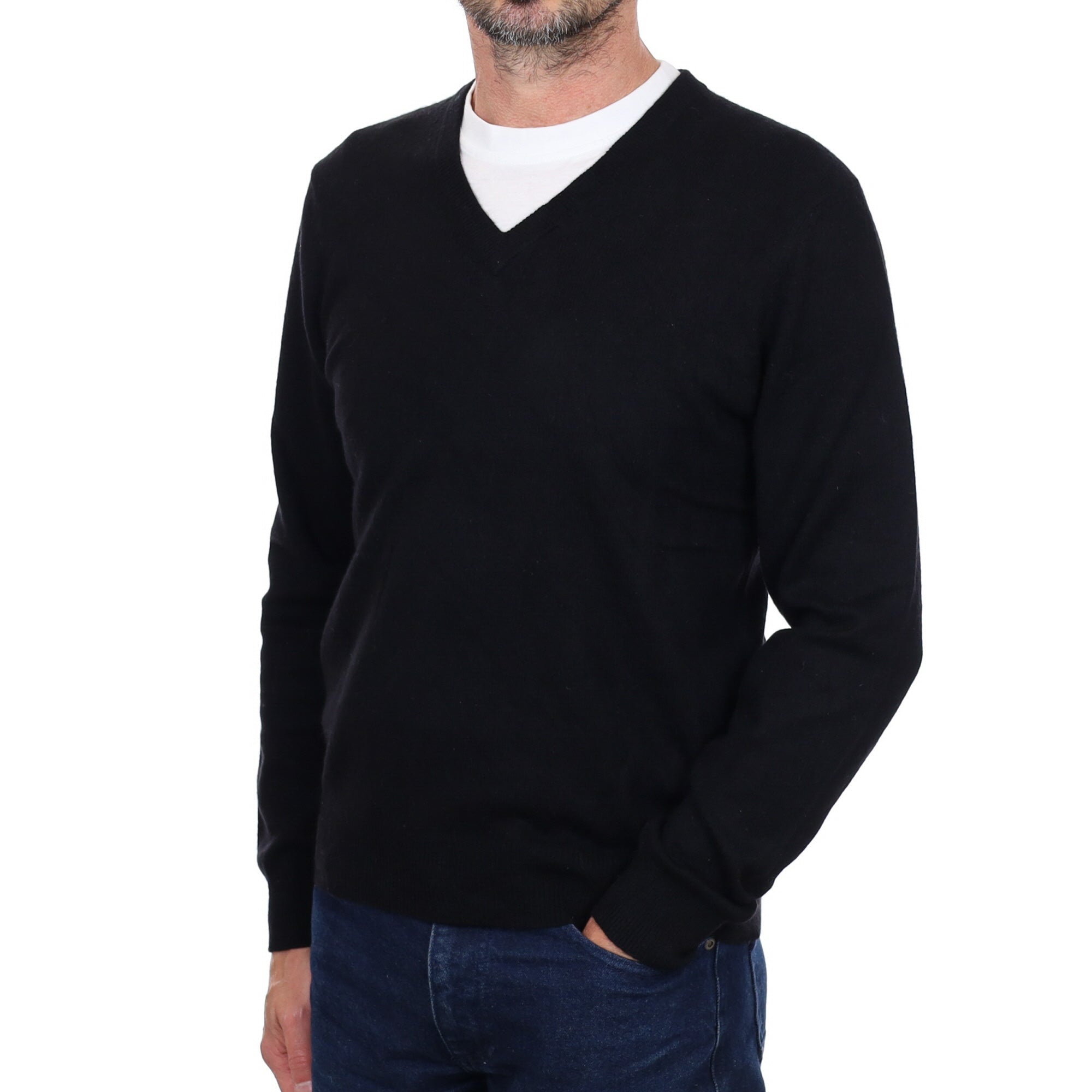 Men's Black Cashmere V Neck Jumper Small