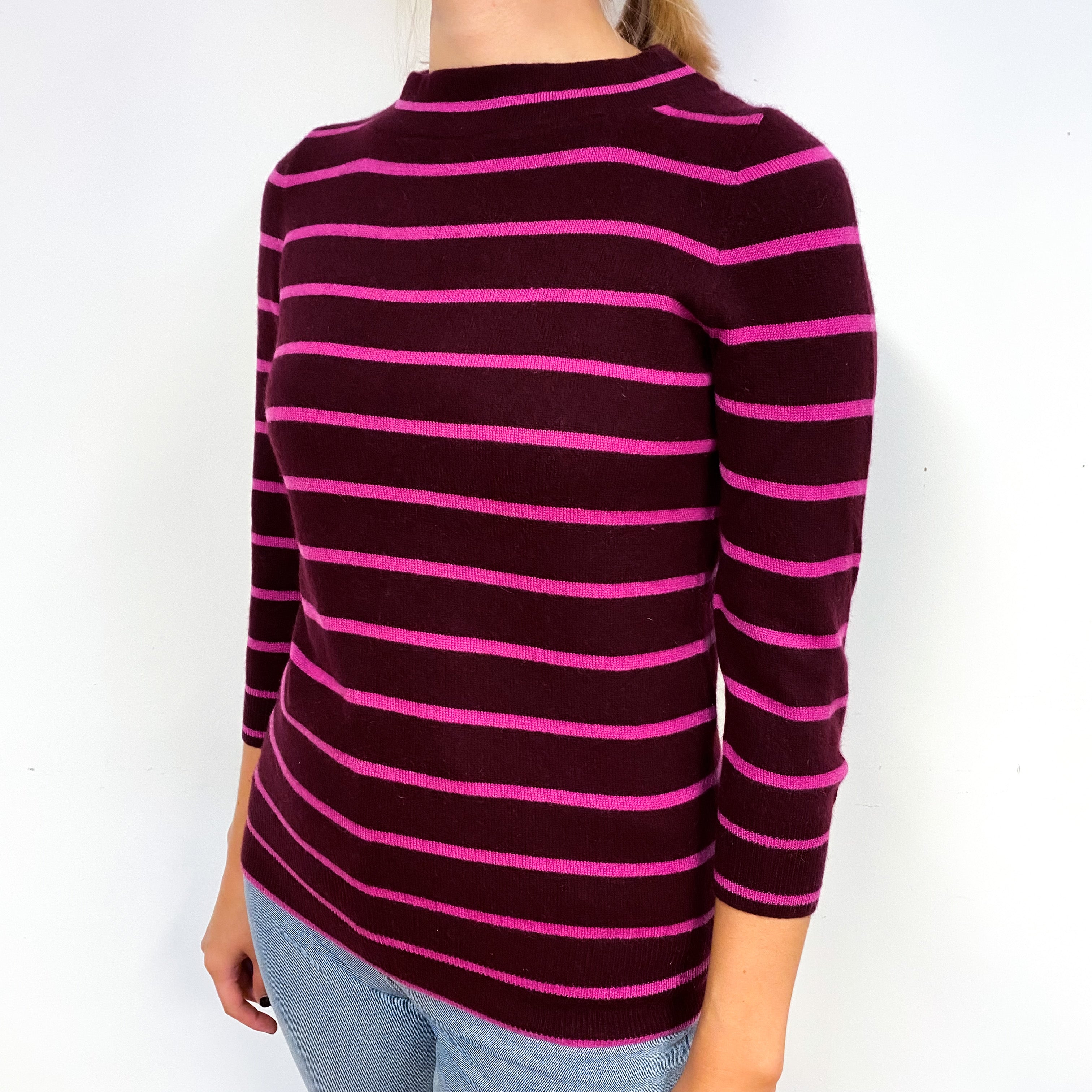 Wine Red Pink Stripe Cashmere Boat Neck Jumper Small