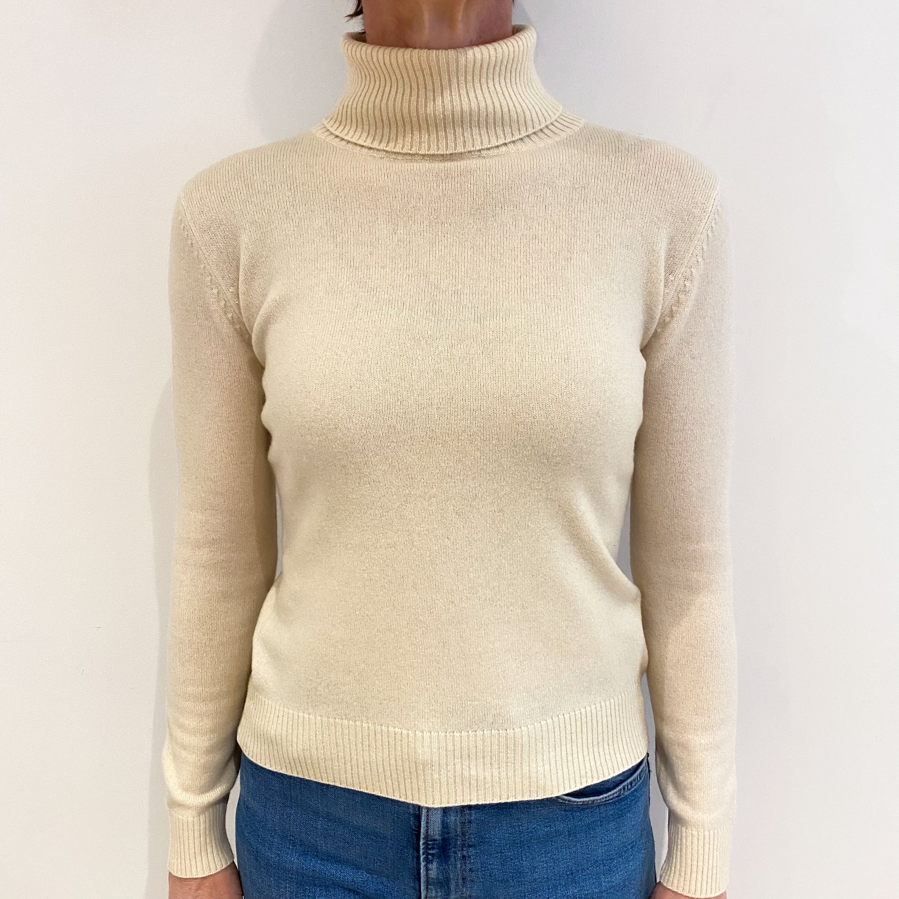 Vanilla Cream Cashmere Polo Neck Jumper Small