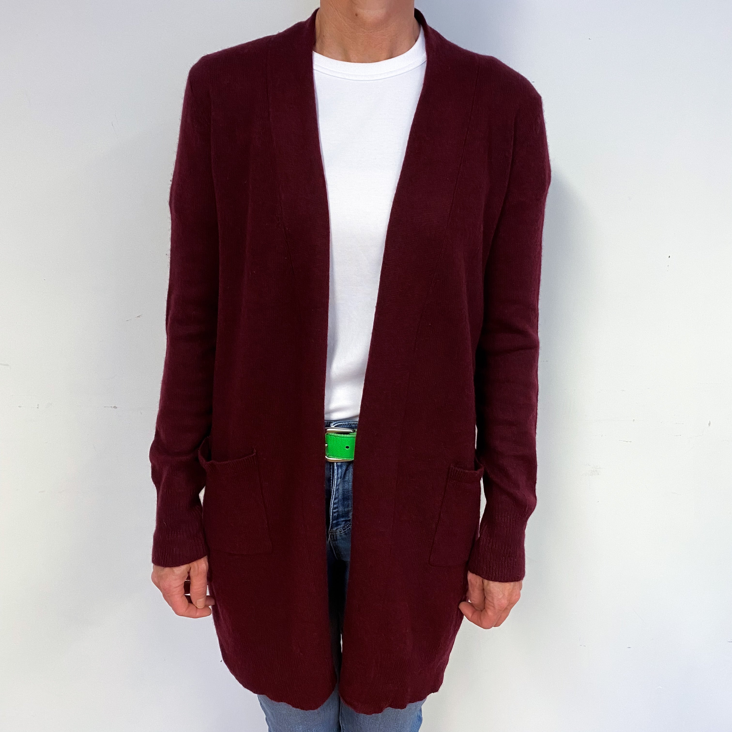 Wine Red Cashmere Edge to Edge Cardigan with Pockets Medium