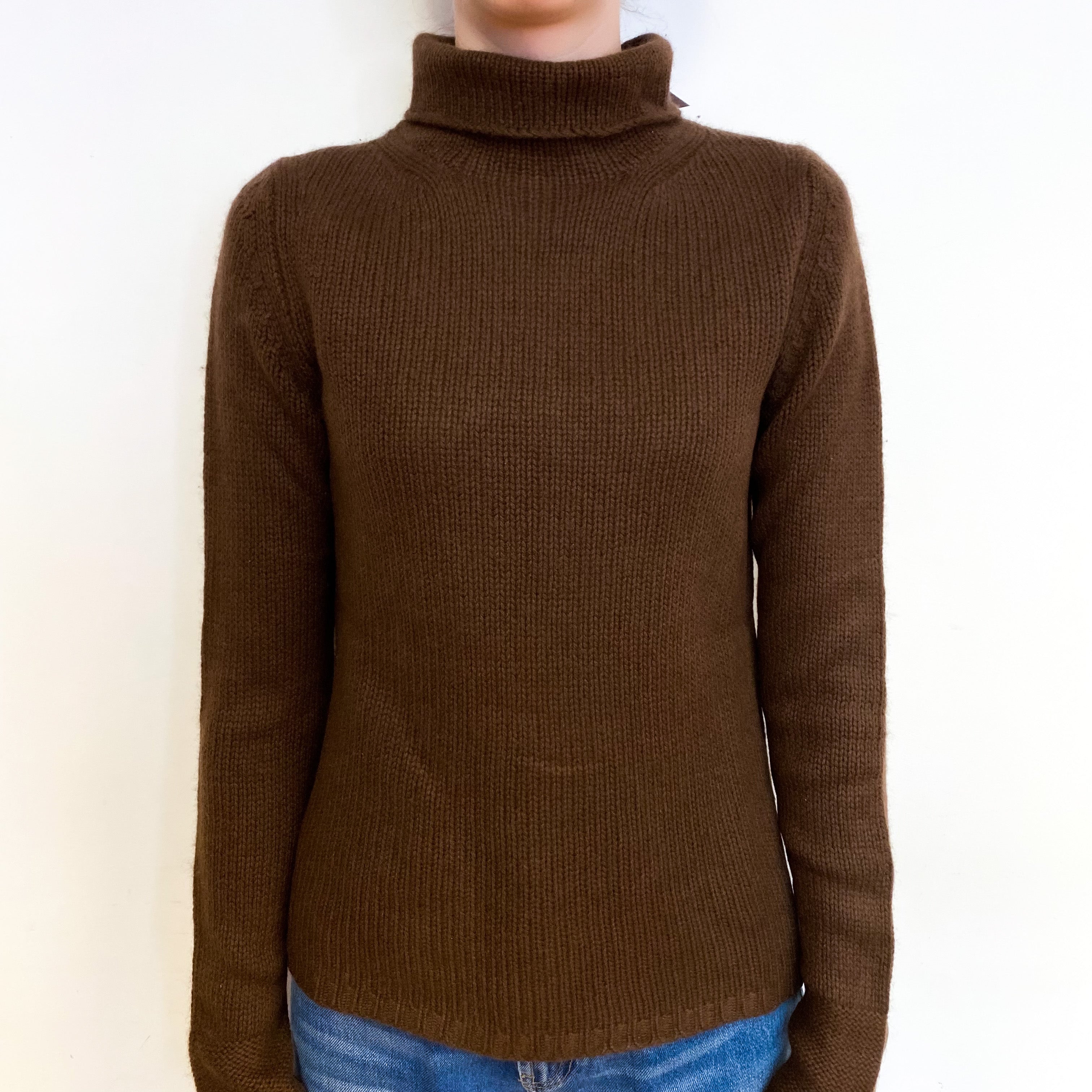 Umber Brown Chunky Cashmere Funnel Neck Jumper Extra Small