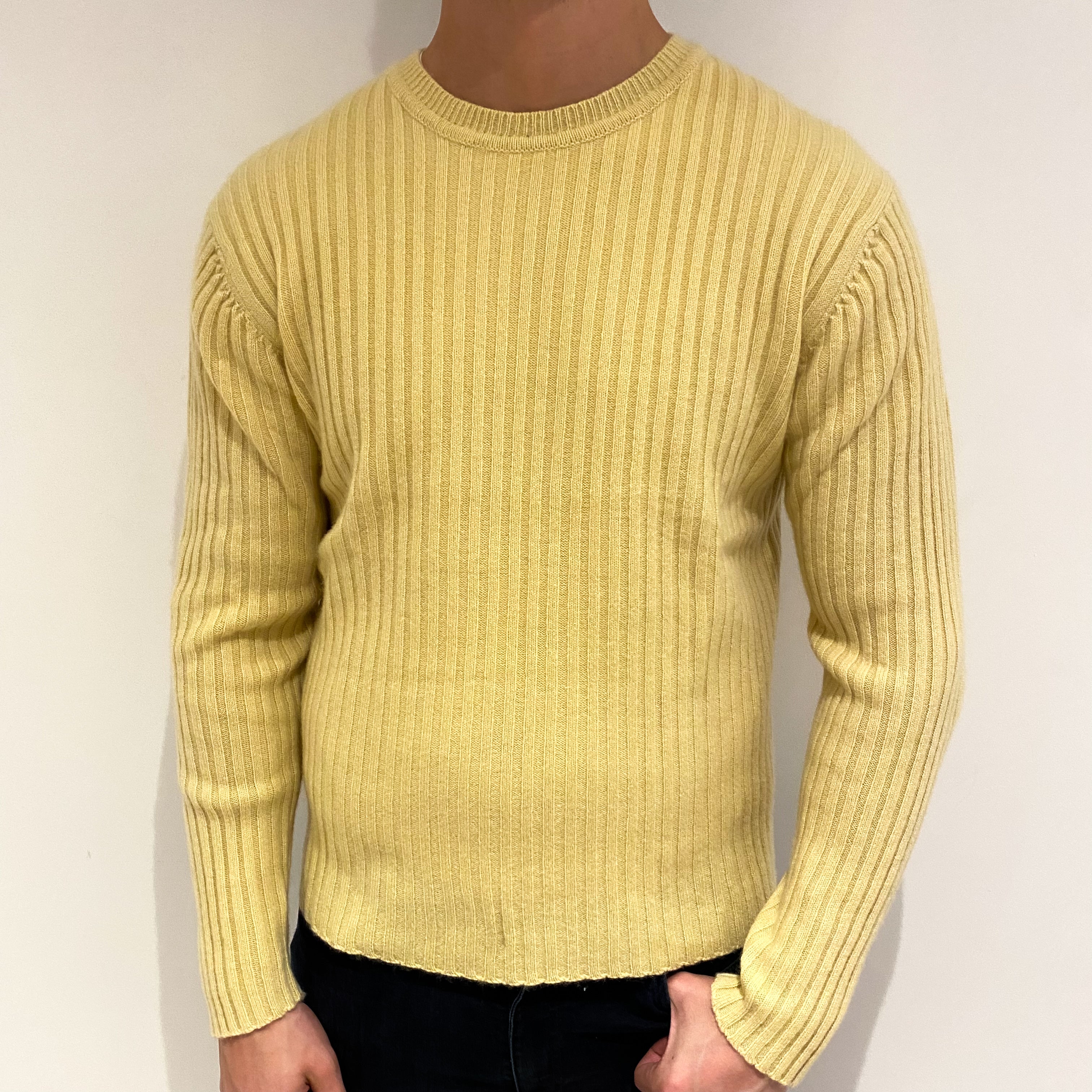 Men's Primrose Yellow Cashmere Crew Neck Ribbed Jumper XL