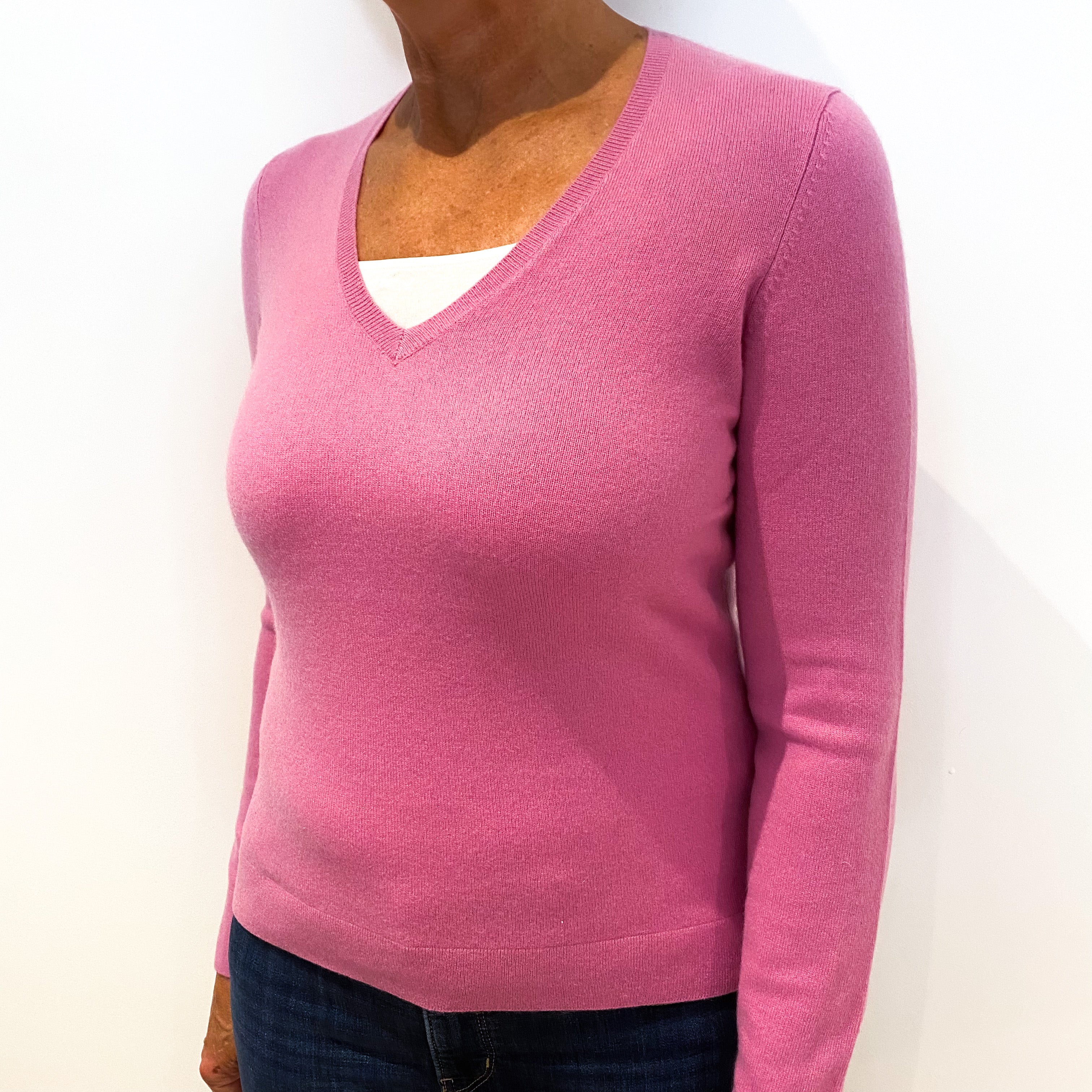 Rose Pink Cashmere V-Neck Jumper Medium