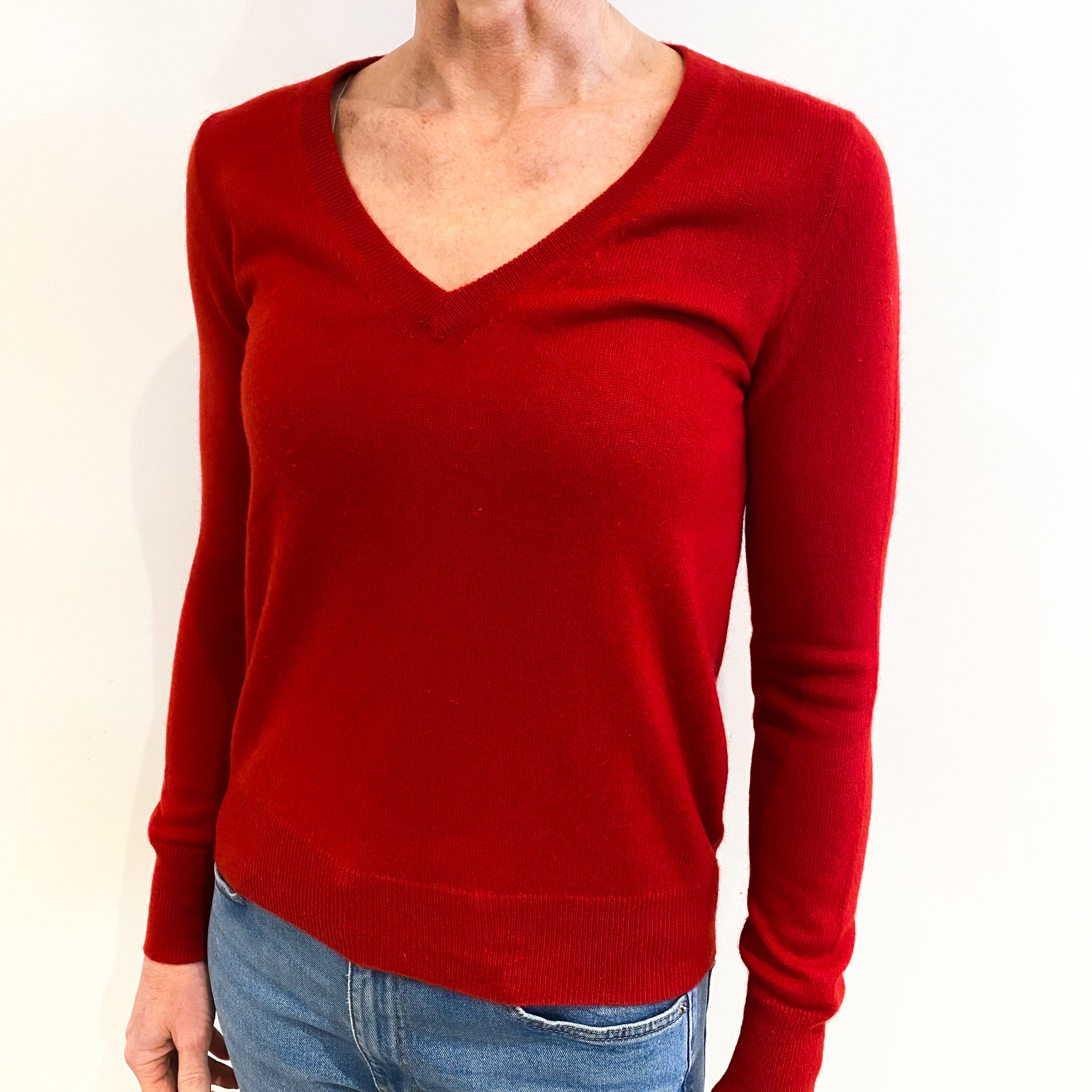 Spanish Red Cashmere V Neck Jumper Small