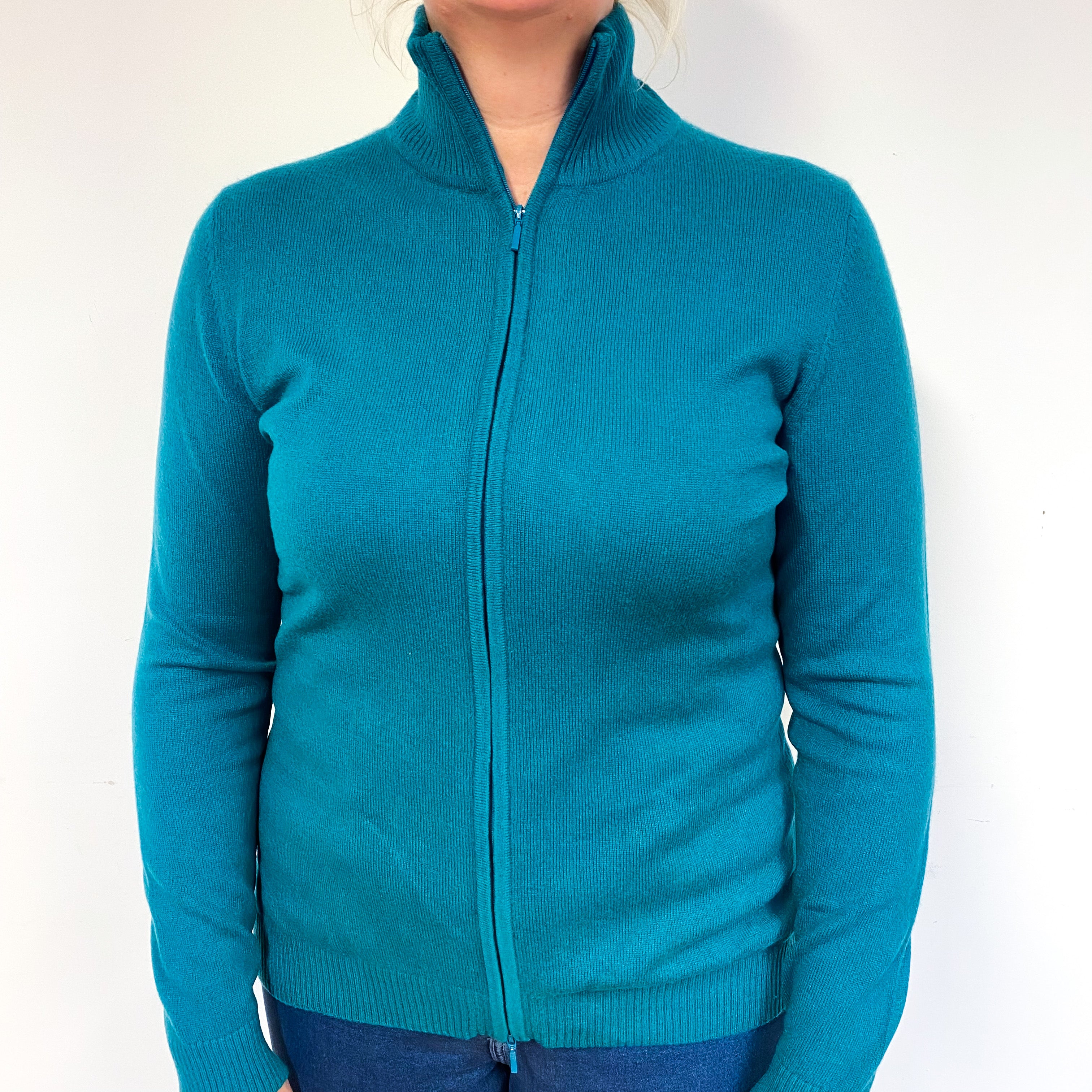 Deep Turquoise Green Cashmere Zip Front Cardigan Large